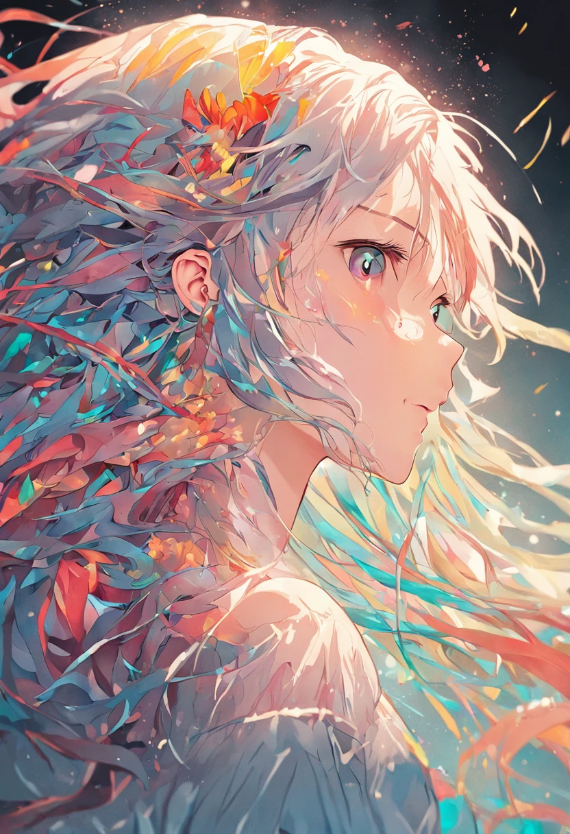 (Beauty side face,Long colored hair,close eyes,Masterpiece narcissus),rainbow colored background, (illustration:1.2,paper art:1.2, zentangle, 3D render),(Best quality, high detailed, Masterpiece, Cinematic Lighting, 4K, Chiaroscuro)