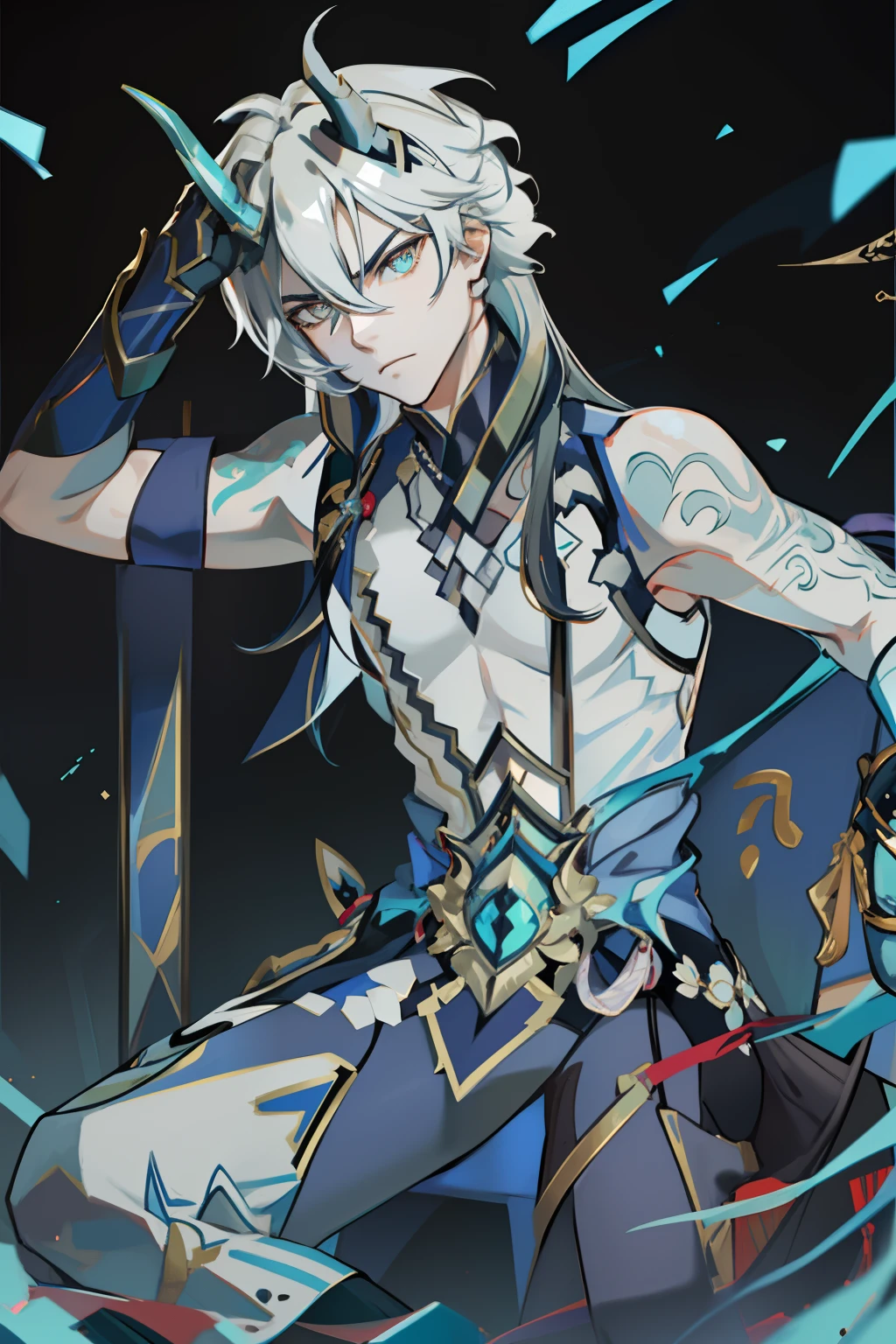 (absurderes,A high resolution,Hyper-detailing,hdr),Dragon's horn,younge boy,tmasterpiece,best qualtiy,1人,独奏,Handsome,Golden eyes,Fine eyes and detailed face,toppless,Tattooed with,arma,seated on a throne,Indifferent and arrogant,Abs,chest muscle,Raised sexy,Ruffian,Show your temperament,Male,masculine appeal,Male characteristics are distinct,Long messy hair,Arrogant,self-assured,Sitting majestically on the throne,Pondering,Legs crossed,white pantie,supreme,Lazy,Handsome,