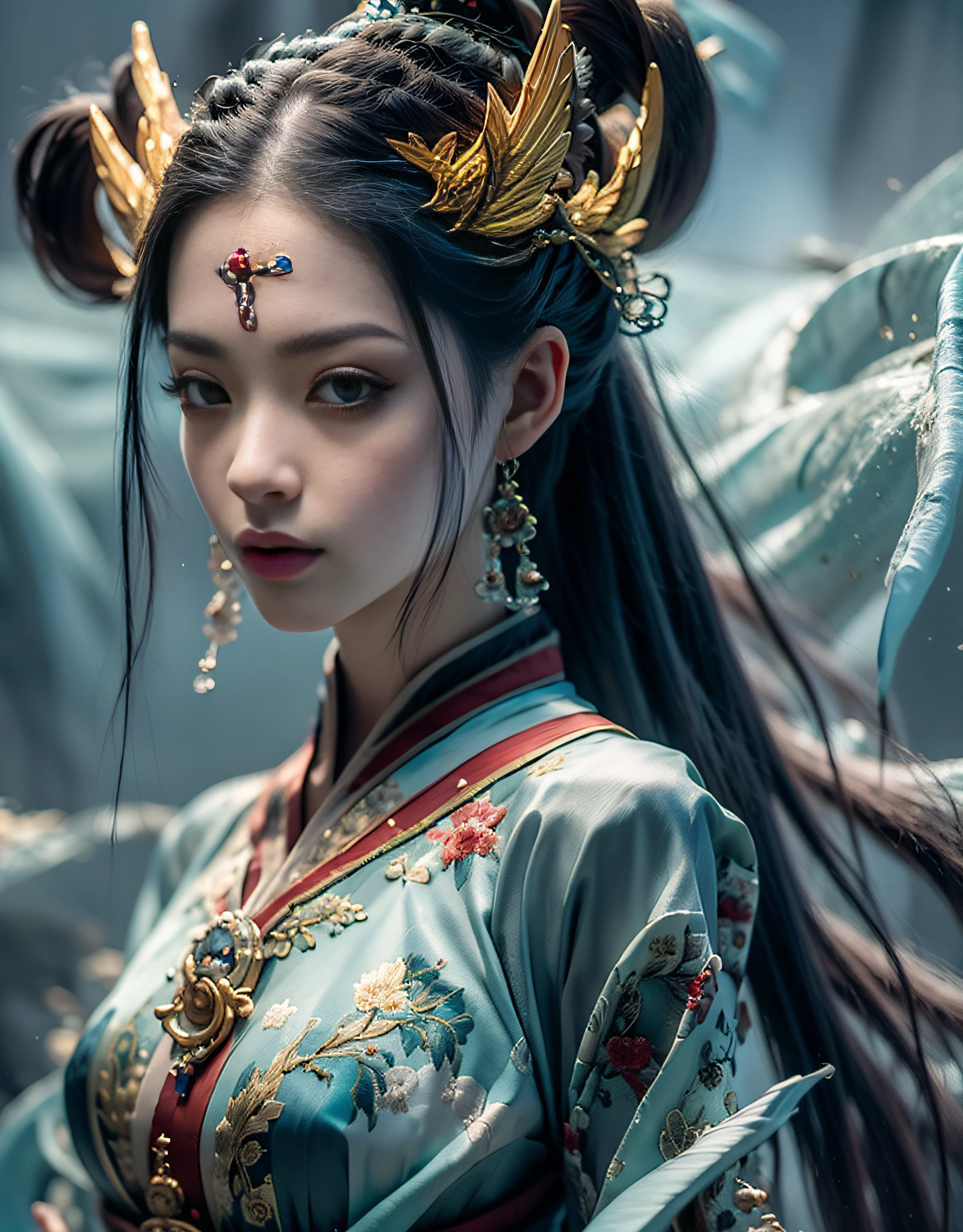 Close-up of a woman in an embroidered dress, very beautiful beauty, surrounded by auspicious clouds, Chinese fantasy, beautiful digital artwork, master works, Ross Tran 8 K, Zhang Jingna, Xian Xia Fantasy, CGsociety and Fenghua Bell, Chinese style, dragon inspired cloth robe, Ross Tran and WLOP, sea queen Mu Yanling, inspired by Chu Derun, natural movements, natural expressions