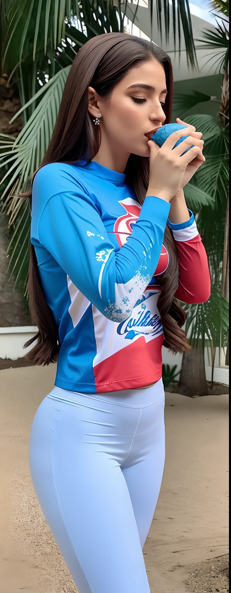 mulher latina linda em uma camisa azul e vermelha comendo um cachorro-quente, azul e vermelho, 8k)), tshirt azul apertada, vermelho azul, colombiano, blue and white and red mist, pintura corporal profissional, vermelho e azul, metade superior do corpo, ternos neopren azuis claros apertados, 🐎🍑, Roupas vermelhas e azuis, 4 0 9 6, pintura corporal