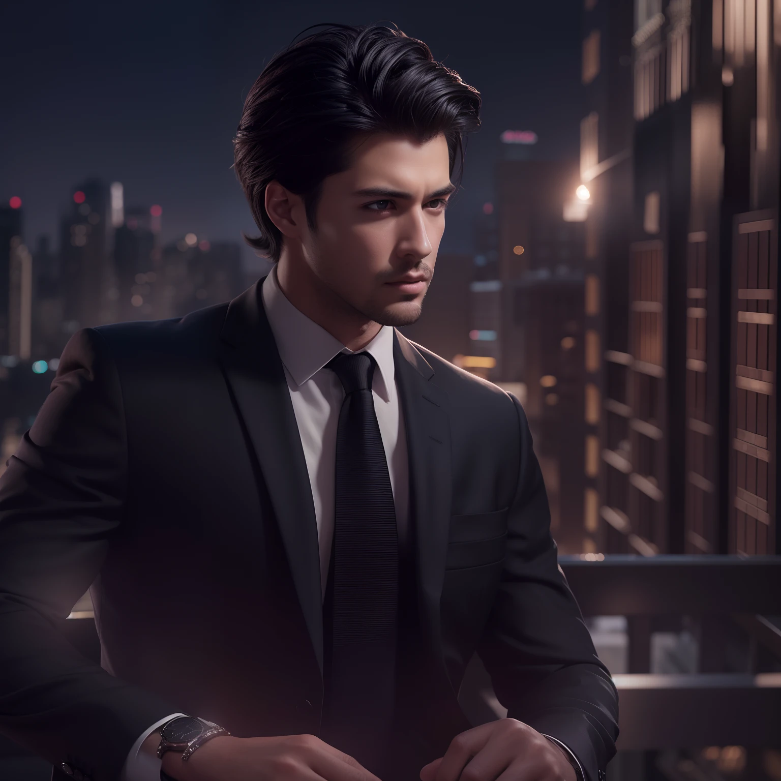 Man, black suit, black hair, brown eyes, dramatic lighting, intricate details, redshift rendering, highly detailed, hyper realistic, hyper realistic, handsome and attractive, background city, 8k