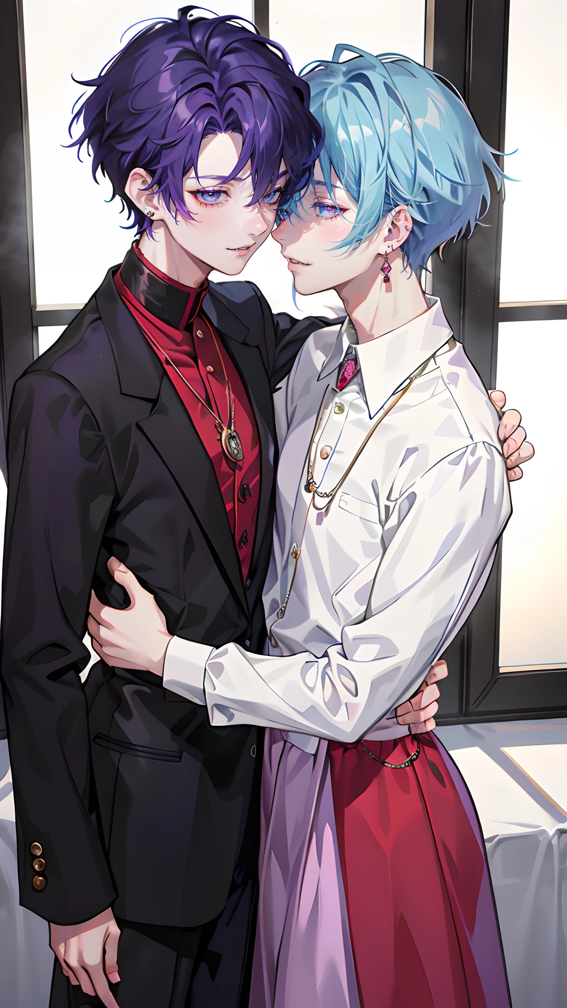 masterpiece, top-quality, 2Others, Male couple, 1 man and 1,, Adults, Height difference, different fashion, different color, finely eye and detailed face, intricate detailes, Casual clothing, Oversized shirt, Modern urban streets, A smile, Happiness, tenderness, queers, high-level image quality、 Two beautiful men、tall、The upper part of the body、nightfall、nighttime scene、𝓡𝓸𝓶𝓪𝓷𝓽𝓲𝓬、Two Men Kissing, Korean Male, Idol Photos, k pop, Professional Photos, Vampires, Korean fashion in black and white, Fedoman with necklace, inspired by Sim Sa-jeong, androgynous vampire, :9 detailed face: 8, extra detailed face, detailed punk hair, ((eyes are brown)) baggy eyes, Seductive. Highly detailed, semi realistic anime, Vampires, hyperrealistic , delicate androgynous prince, imvu, short hair above the ears, Man with short hair, Purple-haired man with a glaring expression and a man with light blue hair with a gentle expression, With a short-haired man with bright purple hair, Man with light blue hair, kiss together, Kissing each other,