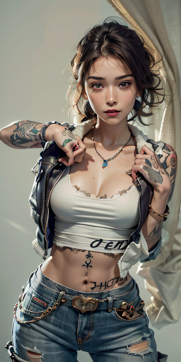 Photorealistic, high resolution, Soft light,1womanl, Solo, Hips up, (Detailed face),tattoo, jewelry, t-shirt with rough chest, Beautiful soldiers, Grab the audience's eye, Lover's perspective, Invitation expression, Sexy smile, Perfect style, Perfect balance, Detailed skin, mischievous gaze, chest visible