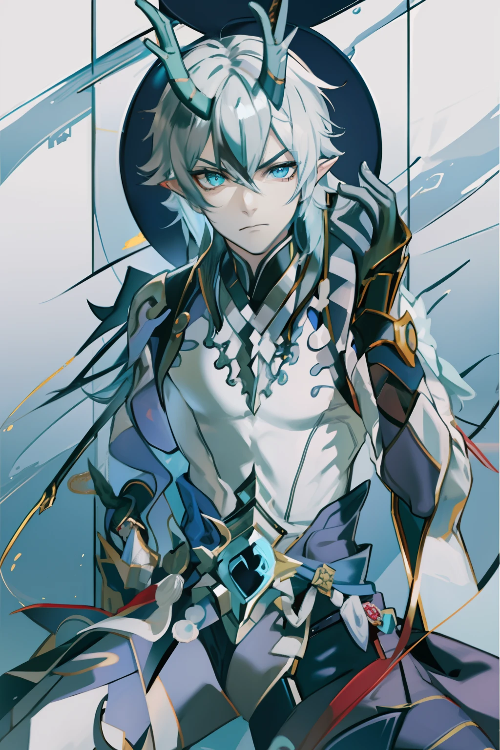 (absurderes,A high resolution,Hyper-detailing,hdr),Dragon's horn,younge boy,tmasterpiece,best qualtiy,1人,独奏,Handsome,Golden eyes,Fine eyes and detailed face,toppless,Tattooed with,arma,seated on a throne,Indifferent and arrogant,Abs,chest muscle,Raised sexy,Ruffian,Show your temperament,Male,masculine appeal,Male characteristics are distinct,Long messy hair,Arrogant,self-assured,Sitting majestically on the throne,Pondering,Legs crossed,white pantie,supreme,Lazy,Handsome,