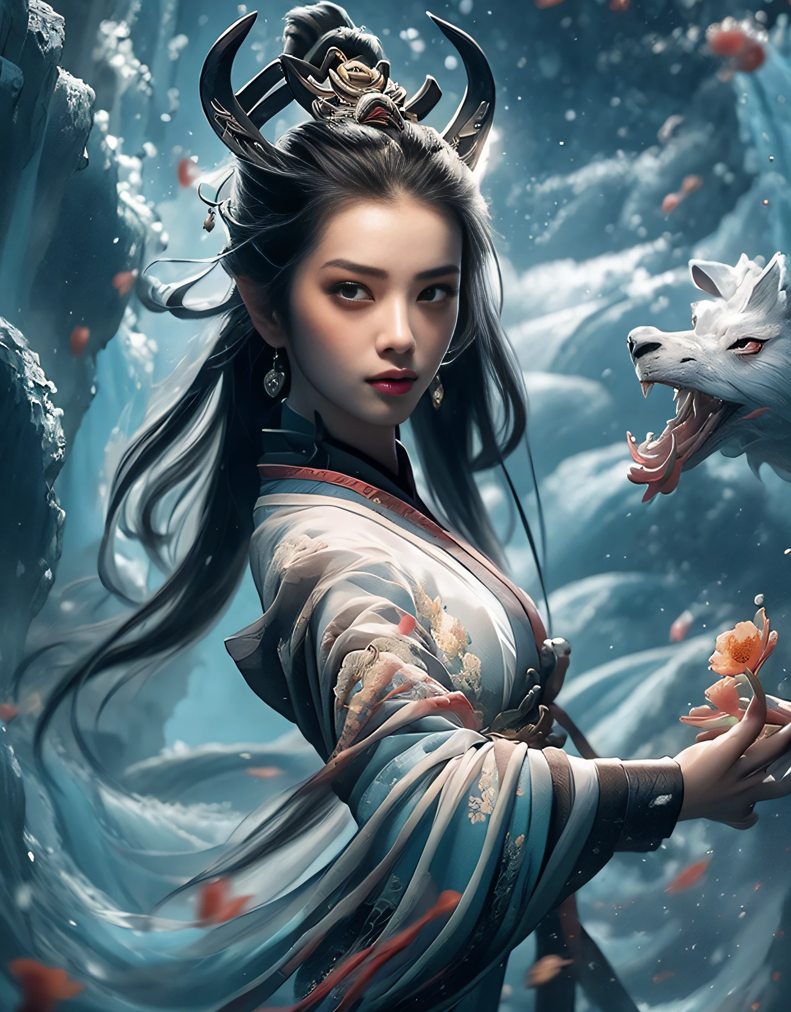 Close-up of a woman in an embroidered dress, very beautiful beauty, surrounded by auspicious clouds, Chinese fantasy, beautiful digital artwork, master works, Ross Tran 8 K, Zhang Jingna, Xian Xia Fantasy, CGsociety and Fenghua Bell, Chinese style, dragon inspired cloth robe, Ross Tran and WLOP, sea queen Mu Yanling, inspired by Chu Derun, natural movements, natural expressions