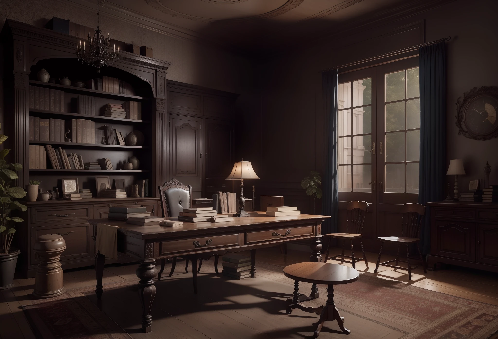 very old home office, table with old books, very old but organized, empty place, front desk, dark environment, old furniture, 4k, ultra-realistic, best quality
