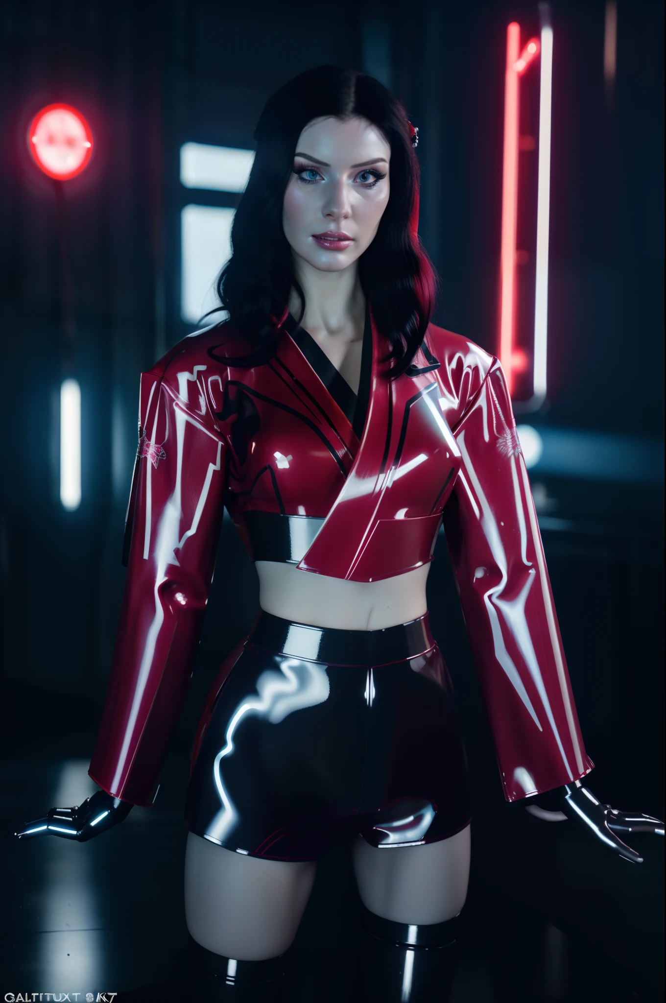 (8k, ARTISTIC photography, best quality, masterpiece: 1.2) (((Saraya))) film still of a photorealistic beautiful cyberpunk woman. in a (futuristic red latex kimono:1.5) standing at a Japanese ramen vendor in dystopian city, (edge runner, geisha):1.25, staring at the camera in front, short wet hair,((dynamic pose))) over-detailed face,, beautiful body, toned body, latex fetish, 8k uhd, SLR camera, soft lighting, high quality, film grain, Arri Alexa mini , , Cinematic lighting, octane render, mid day lighting, complex, 8k resolution concept art portrait , edgerunner, blade runner, Cyberpunk 2077, fractal isometrics details bioluminescence, hyperrealistic, photo awesome, gritty, realistic, (((pure 8K))), (((perfect anatomy))), extremely high-quality graphics, Riddley Scott, Blade Runner, Denis Villeneuve, Cyberpunk 2077, Altered carbon, (((cinematic lighting))), ((clear details)), complex, highly detailed background,