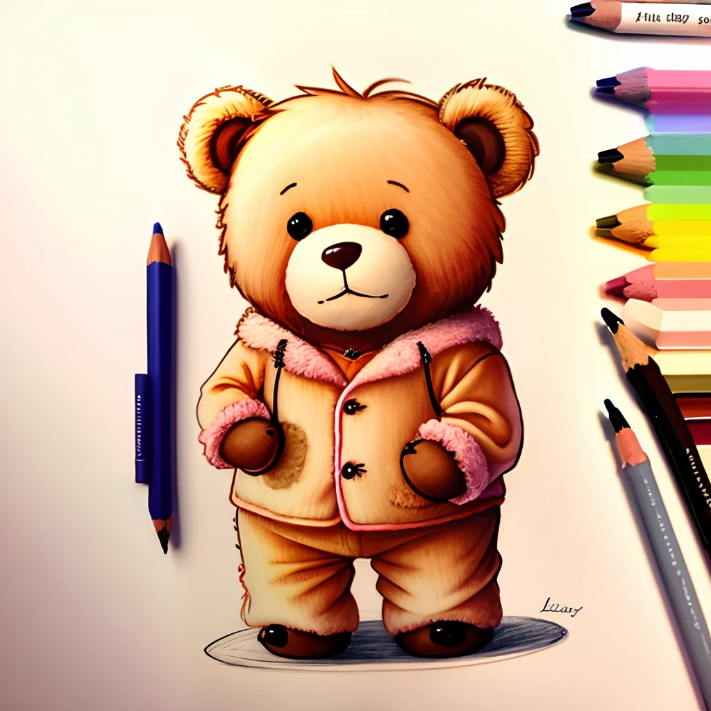 Drawing of a cute teddy bear wearing pajamas, Estilo Pixar