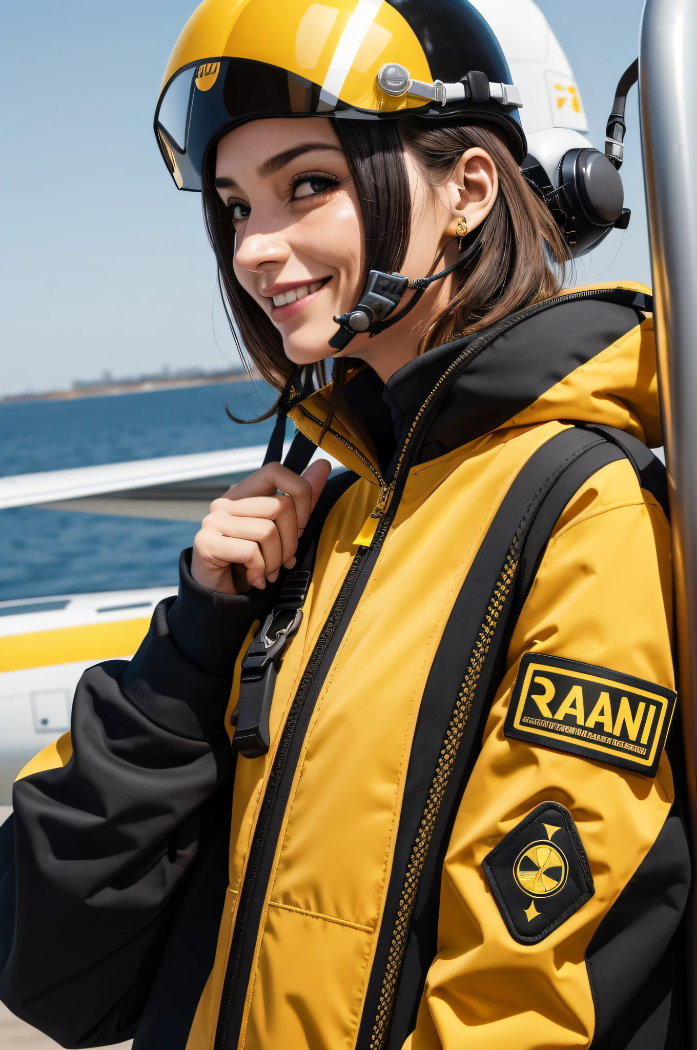 Mulher branca olhando para frente, Occupational Safety Technician, 35 anos, sorrindo, 170 cm de altura, 62 Kg, Black sweatshirt with zipper, holding a yellow safety helmet, Medium Plane Photo, estilo Pixar, semi realista, fundo branco