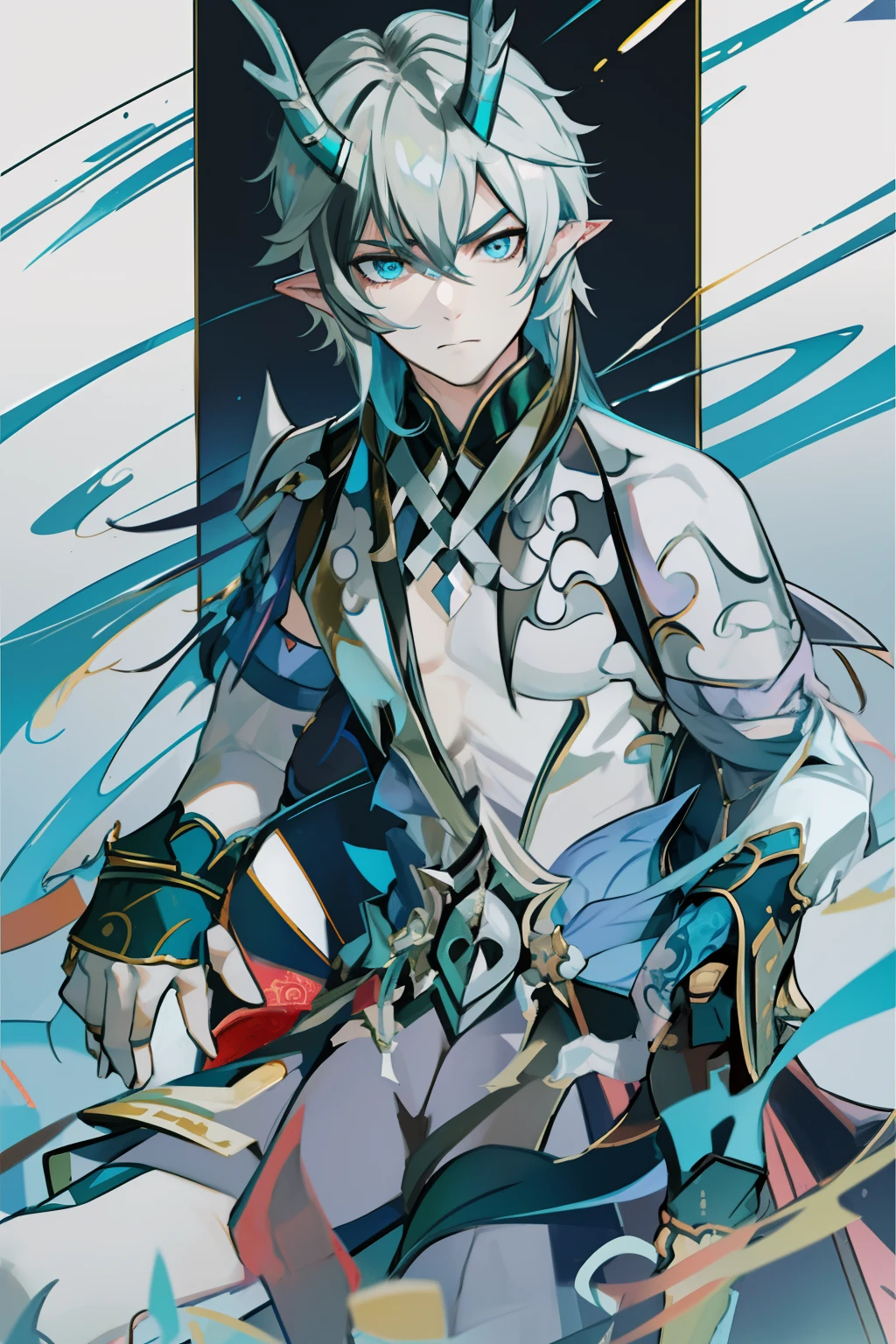 (absurderes,A high resolution,Hyper-detailing,hdr),Dragon's horn,younge boy,tmasterpiece,best qualtiy,1人,独奏,Handsome,Golden eyes,Fine eyes and detailed face,toppless,Tattooed with,arma,seated on a throne,Indifferent and arrogant,Abs,chest muscle,Raised sexy,Ruffian,Show your temperament,Male,masculine appeal,Male characteristics are distinct,Long messy hair,Arrogant,self-assured,Sitting majestically on the throne,Pondering,Legs crossed,white pantie,supreme,Lazy,Handsome,