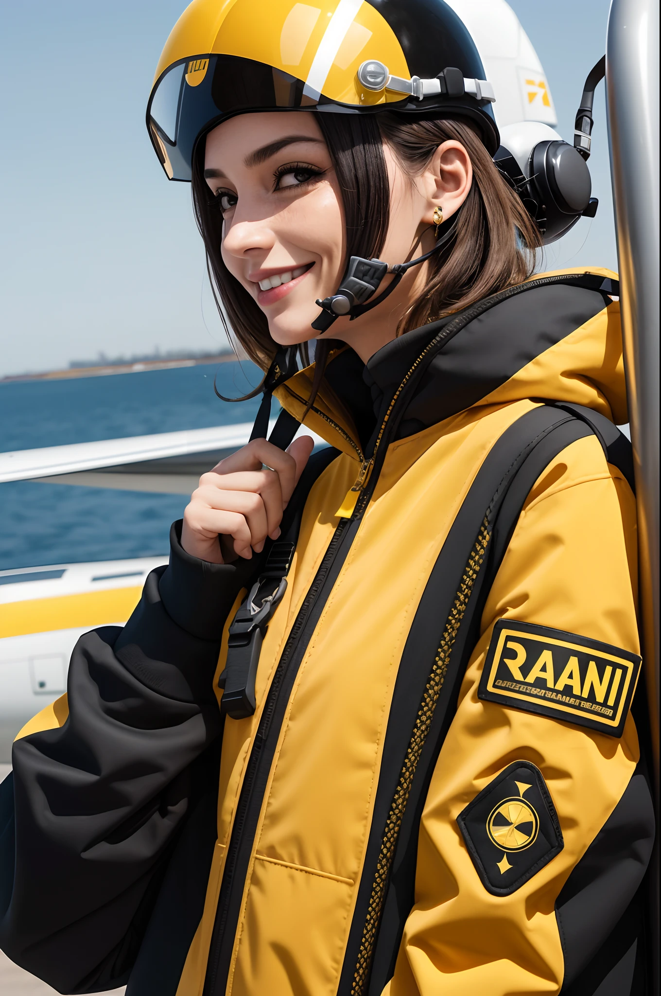 Mulher branca olhando para frente, Occupational Safety Technician, 35 anos, sorrindo, 170 cm de altura, 62 Kg, Black sweatshirt with zipper, holding a yellow safety helmet, Medium Plane Photo, estilo Pixar, semi realista, fundo branco