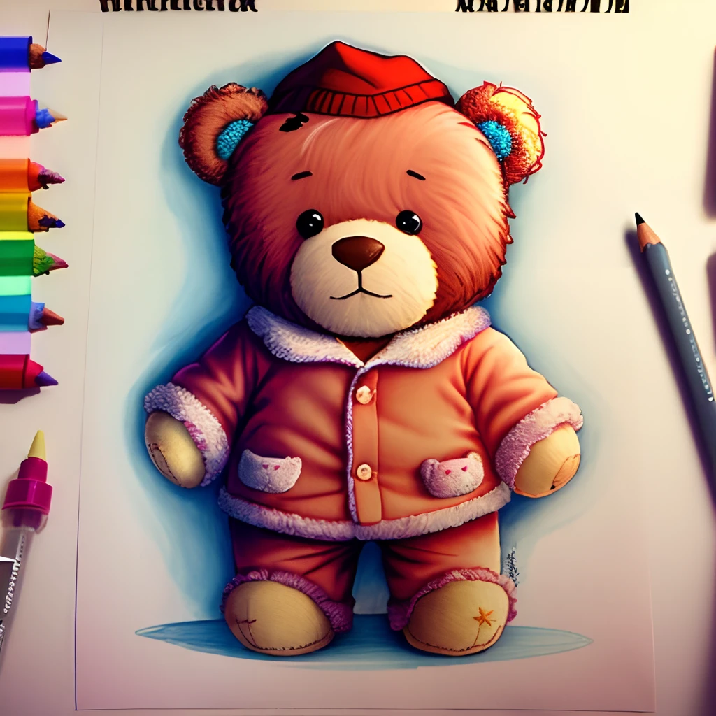 Drawing of a cute teddy bear wearing pajamas, Estilo Pixar