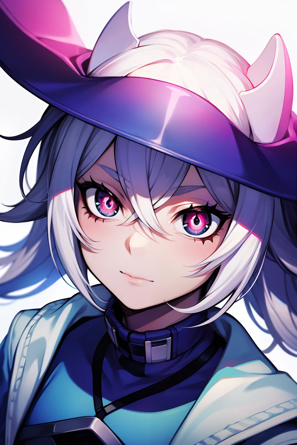 defiance,teens girl,White and blue clothing,White color hair,Pink pupils,Without a hat