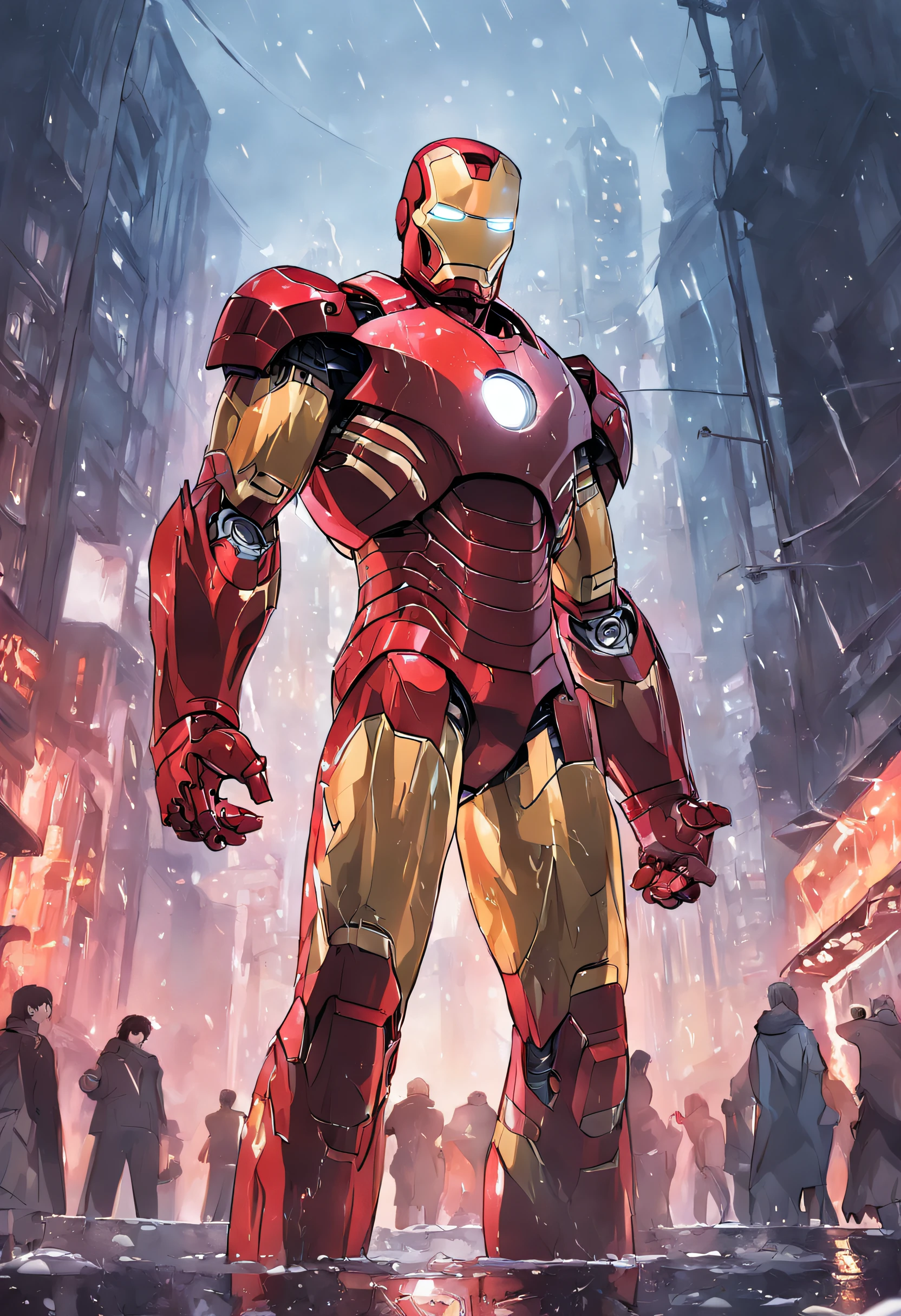 photo of Iron Man from Marvel standing outside the city 17, rainy, rtx, octane, unreal