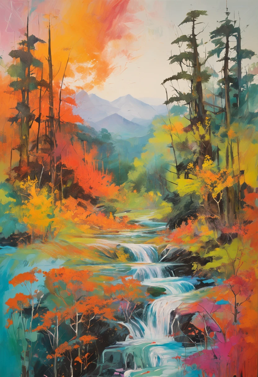 Intricate painting of a Japanese forest in great detail, By scope Murata Works, Galaxy in the background, Clouds, bright colours, high contrast, Mountain, Vector line art, Orange highlights, Pisif's trend, Anime concept art, stick, matte, High best quality, Edge to edge, Sanskrit