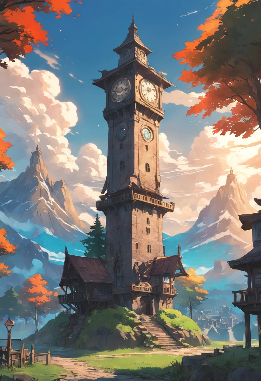 botw style, A clock tower standing tall in a small town within the forest