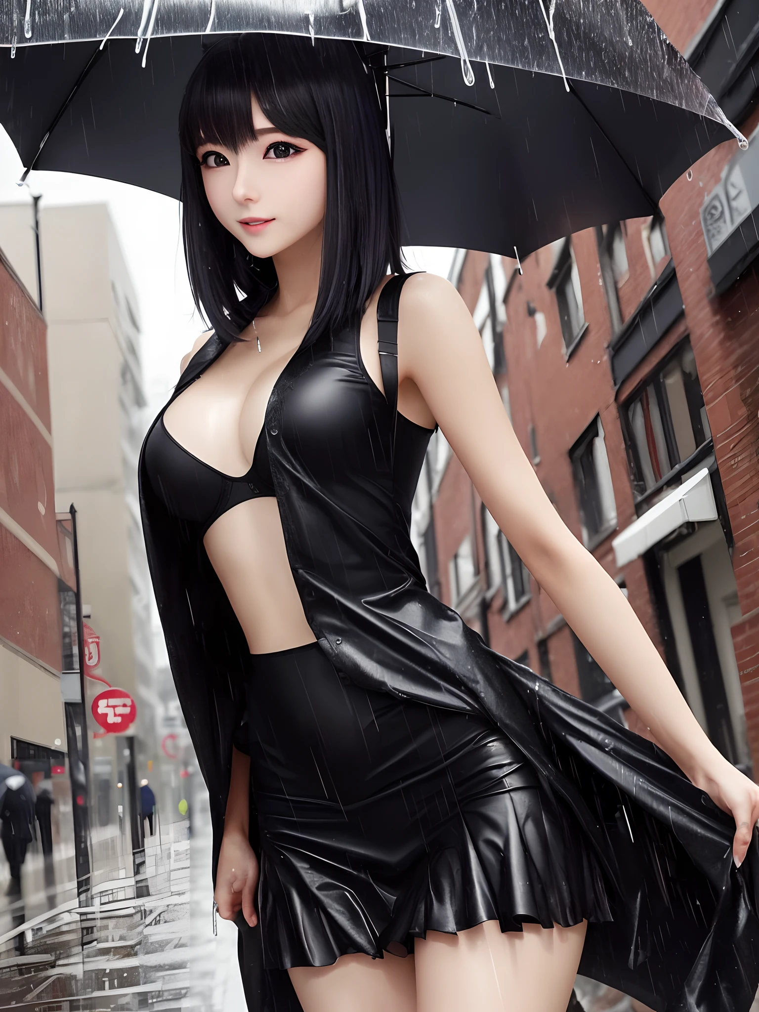 ((best qualtiy, 8k, tmasterpiece:1.3)), Focus:1.2, perfect figure beautiful woman:1.4, Cocked buttocks:1.2, ((Cut hair in layers, Beautiful breasts:1.2)), (wetclothes:1.1) , (Rain, Street:1.3), JK school uniform:1.1, Highly detailed facial and skin texture, A detailed eye, 二重まぶた，Whiten skin，long whitr hair