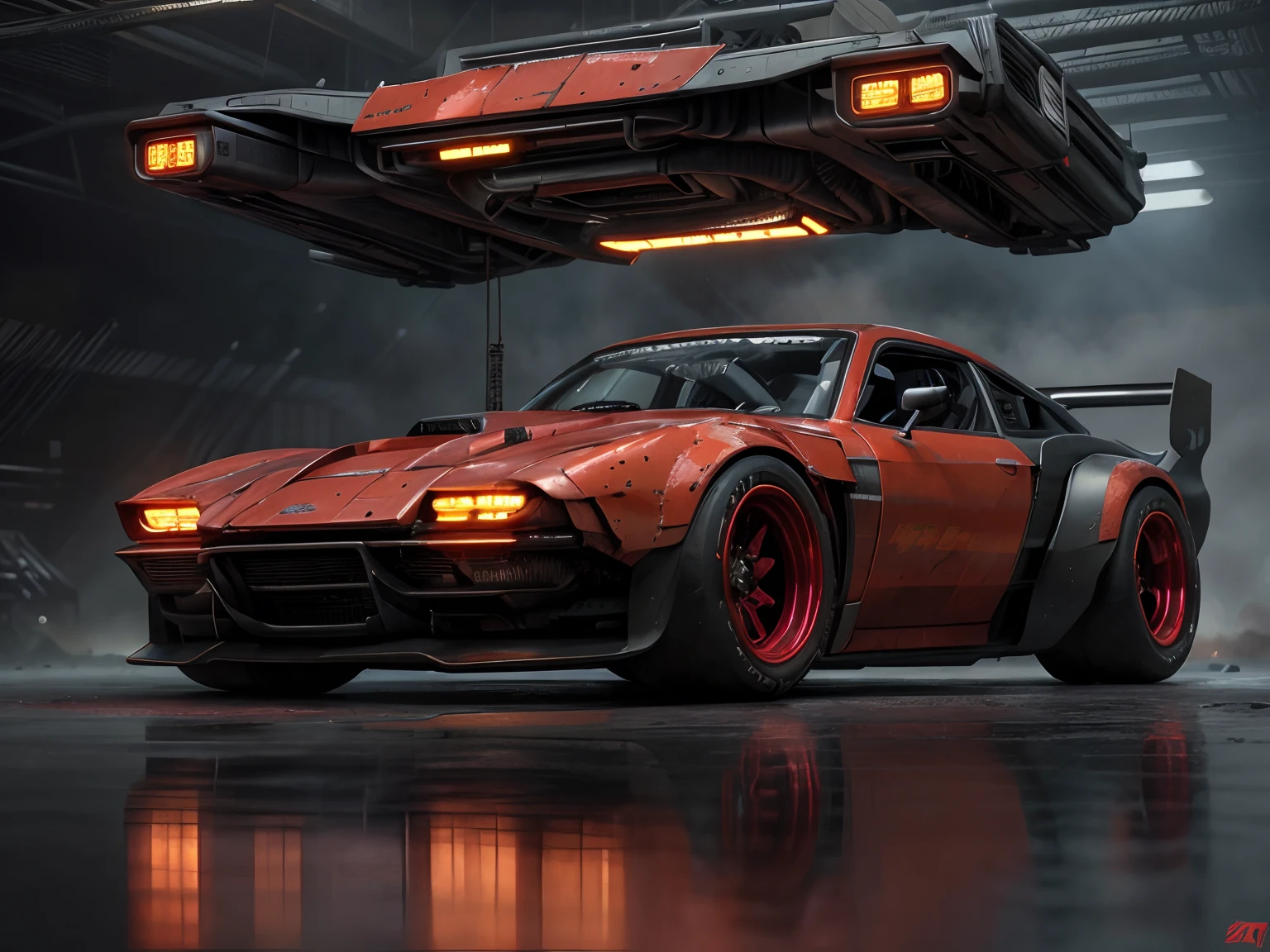 a front view 3/4 de ((futuristic cyberpunk hotrod zeekars)) (com pneus brilhantes), no estaciona mento, with machine guns on its ceiling and blood red colors