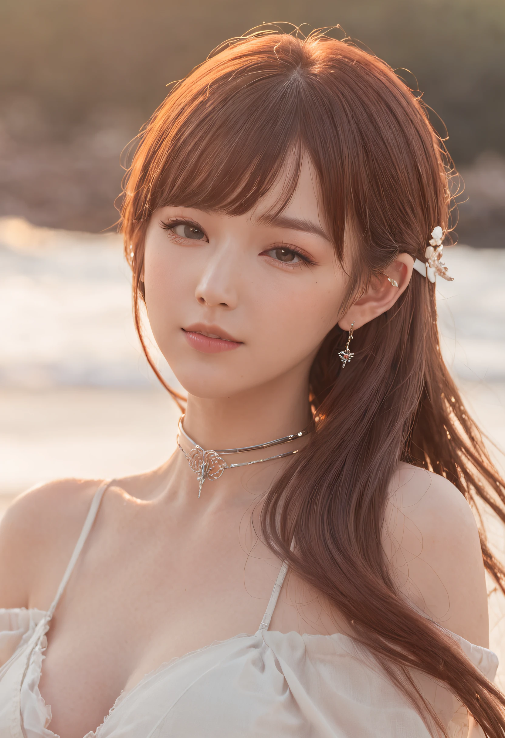 super-fine,Physical rendering,choker necklace,耳Nipple Ring,Air bangs,hair adornments,the setting sun,鎖骨,Wristbands,nabel,long whitr hair,Brown hair,ahoge,1girl,mideum breasts,sandbeach,wavey hair,thinness,