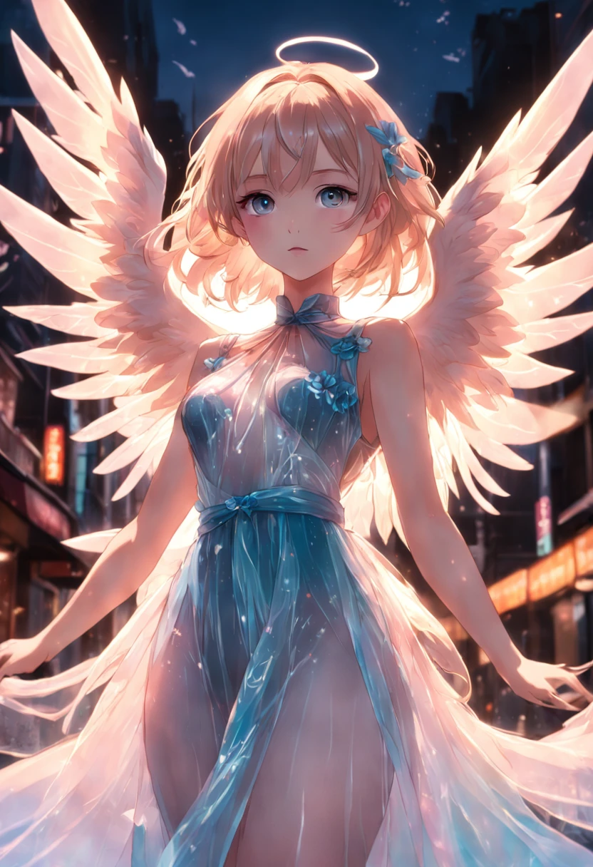 **fashion photograghy, a fashion female modewearing a dress,translucent plastic wings,angelwings, Californiaimpressionism, soft sunlight, y2kbeautiful,dreamy style 16k