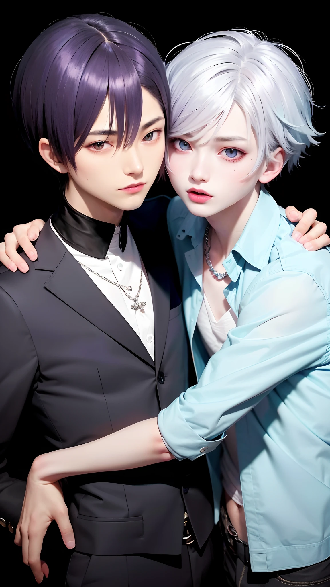 masterpiece, top-quality, 2Others, Male couple, 1 man and 1,, Adults, Height difference, different fashion, different color, finely eye and detailed face, intricate detailes, Casual clothing, Oversized shirt, Modern urban streets, A smile, Happiness, tenderness, queers, high-level image quality、 Two beautiful men、tall、The upper part of the body、nightfall、nighttime scene、𝓡𝓸𝓶𝓪𝓷𝓽𝓲𝓬、Two Men Kissing, Korean Male, Idol Photos, k pop, Professional Photos, Vampires, Korean fashion in black and white, Fedoman with necklace, inspired by Sim Sa-jeong, androgynous vampire, :9 detailed face: 8, extra detailed face, detailed punk hair, ((eyes are brown)) baggy eyes, Seductive. Highly detailed, semi realistic anime, Vampires, hyperrealistic teen, delicate androgynous prince, imvu, short hair above the ears, Man with short hair, Purple-haired man with a glaring expression and a man with light blue hair with a gentle expression, With a short-haired man with bright purple hair, Man with light blue hair, kiss together, Kissing each other,