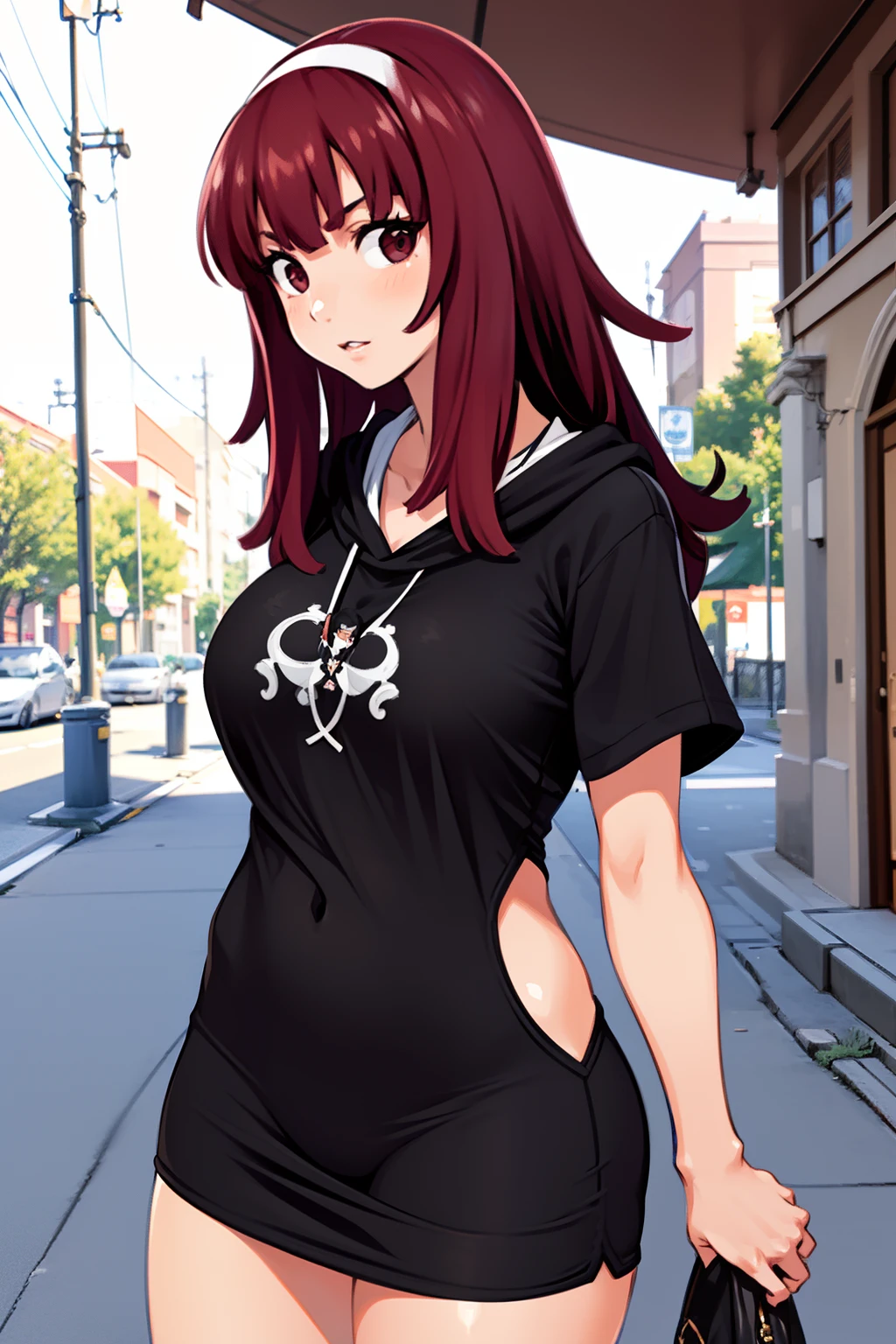 girl, side portrait, Black and white, Messy short hair, Avant-garde accessories,sporty style, Casual T-shirt, (Confident gaze), Monochromatic color scheme, looks to the side, Chic street fashion,((One guy)),(Long hair),The hood on his head, Head and neck shawl fabric,blush,flat chest,Cheerful