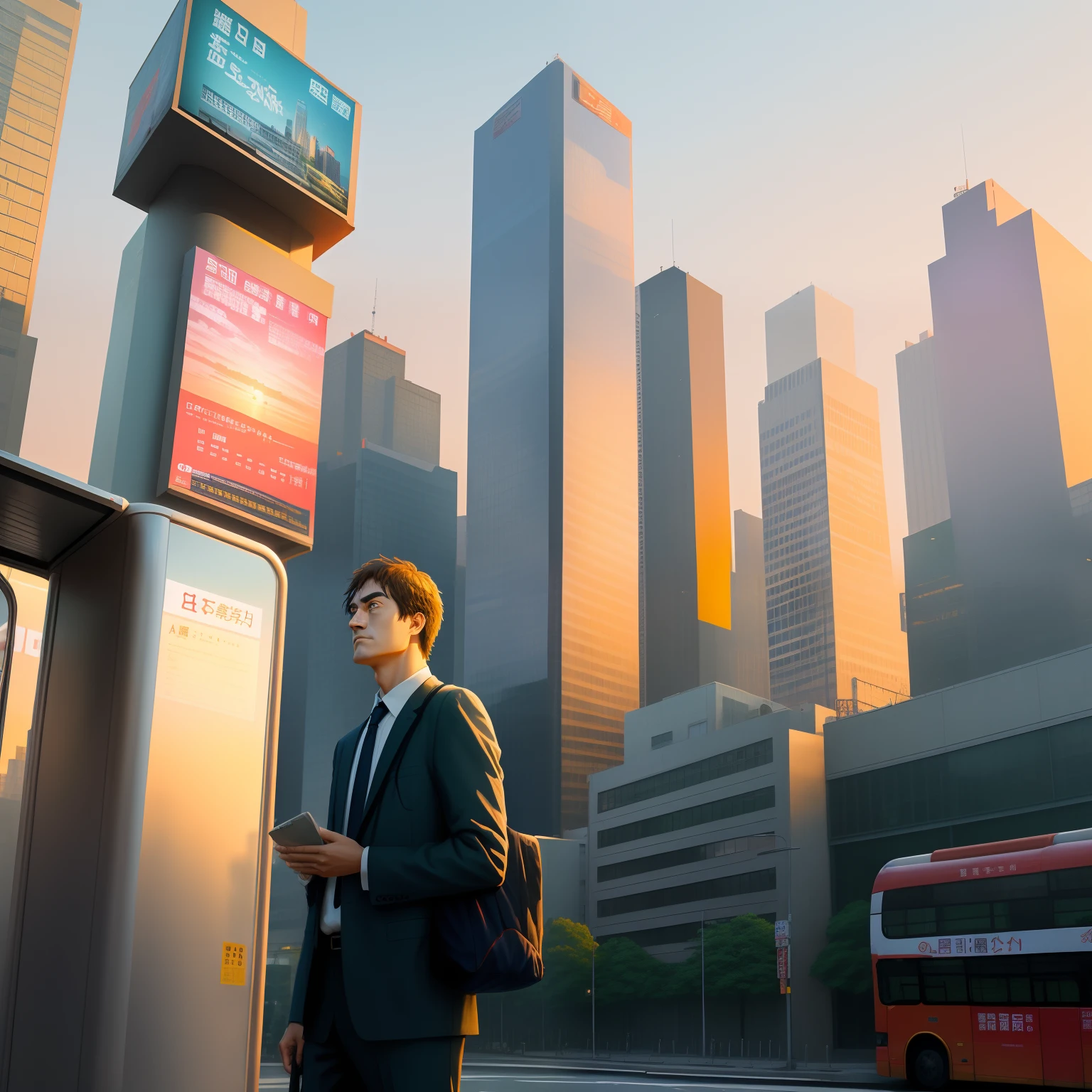 at dusk at golden hour，A bus stop next to it，A man looks up at the tall buildings of the city in the distance，Carry a shoulder bag。In the lower left corner of the picture is a huge billboard。