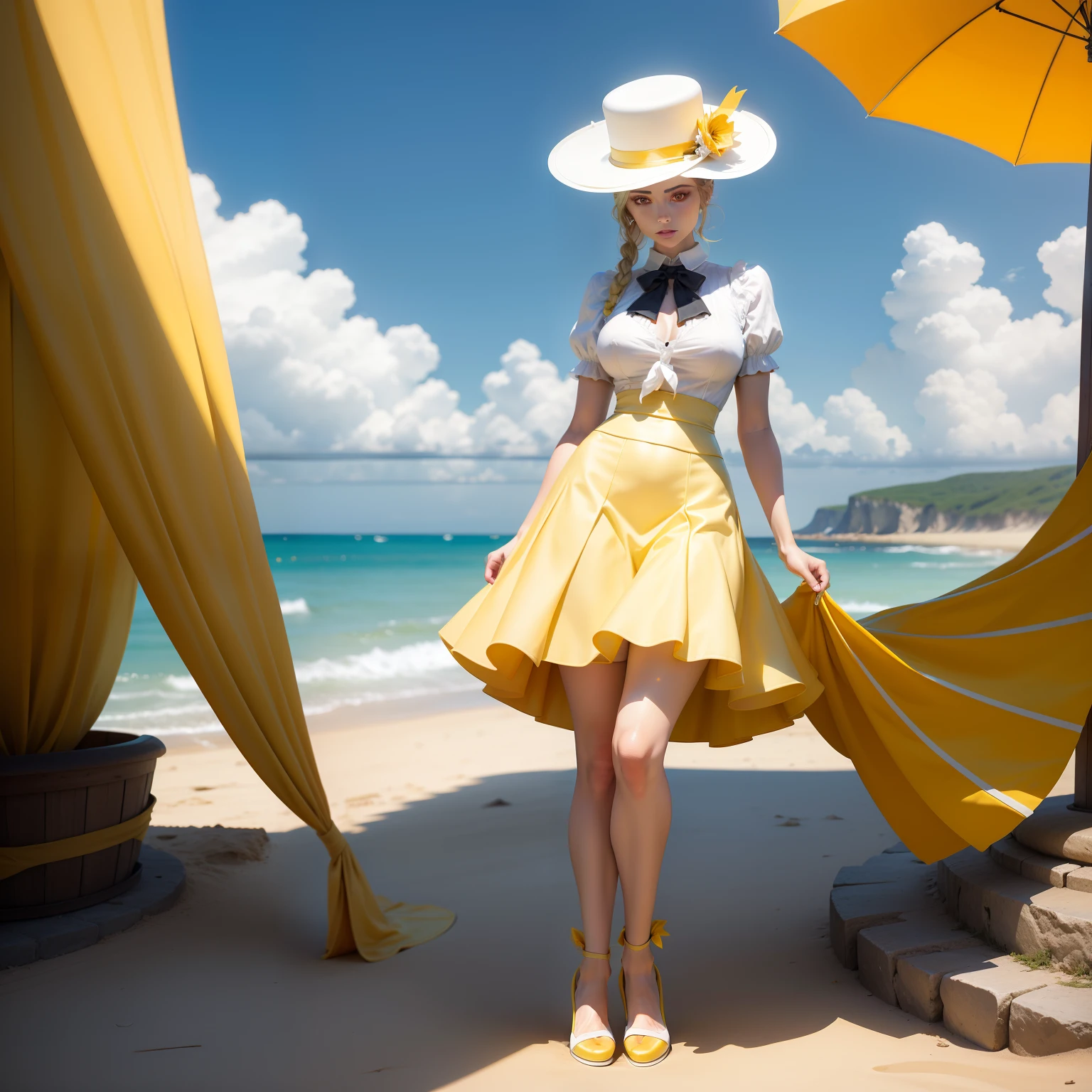 An experienced playful lady with her blonde haircut and feminine curves poses standing for a photo (on a night moon shadowed beach:0.75). She is dressed in a low-rise miniskirt, a camisole, thigh highs and high heels (in the style of Earle Bergey:0.25)