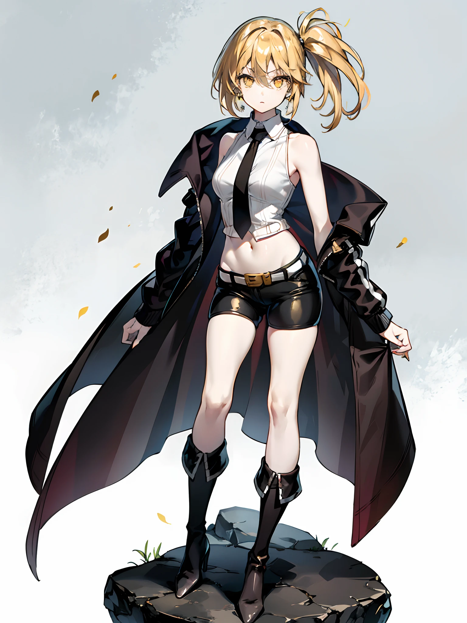 thigh-up portrait, (best quality, detailed drawn hands, realistic fingers, fixed hands), (masterpiece, sidelighting, finely detailed yellow eyes: 1.2), ((Best quality)), ((masterpiece)), (highly detailed:1.3) masterpiece, best quality, highres, 1girl, golden blonde hair, side ponytail, messy hair, short hair, golden eyes, glowing eyes, earrings, serious face, long coat, knee-high boots, low heels, shorts, sleeveless shirt, visible stomach, standing on rock, gray background,