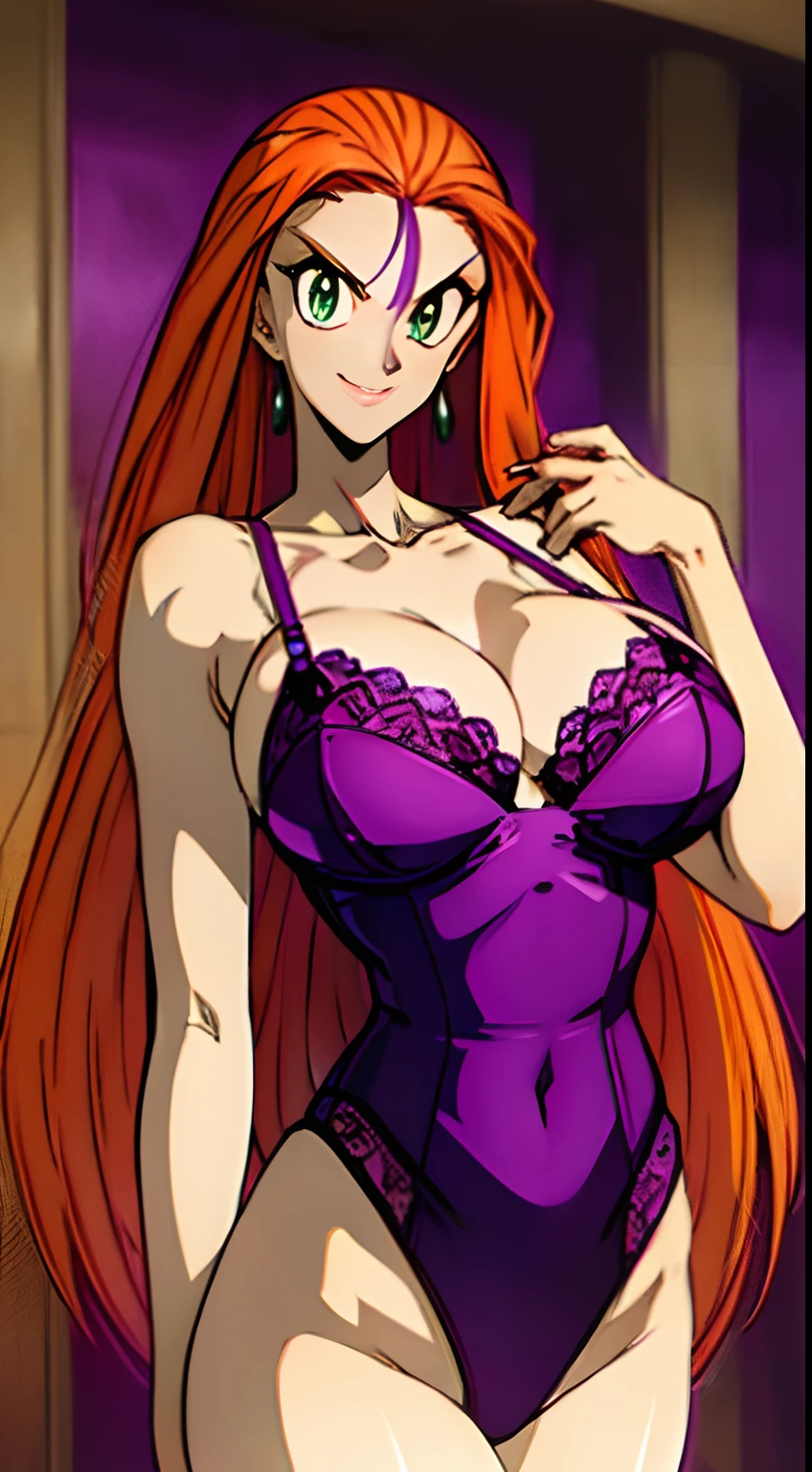 ((masterpiece)), ((best quality)), ultra detailed, detailed background, orange hair, Long Hair , green eyes, thin eyes, extreme large breast, long hair,, highest details, sexy, focus, Alluring, long legs, ((breasts shot)), (((wearing Purple lingerie ))), hentai style, sensual smile, erotic, erotic body, sexually suggestive, hentai body, sensual pose, naughty face, aroused body, on a beach