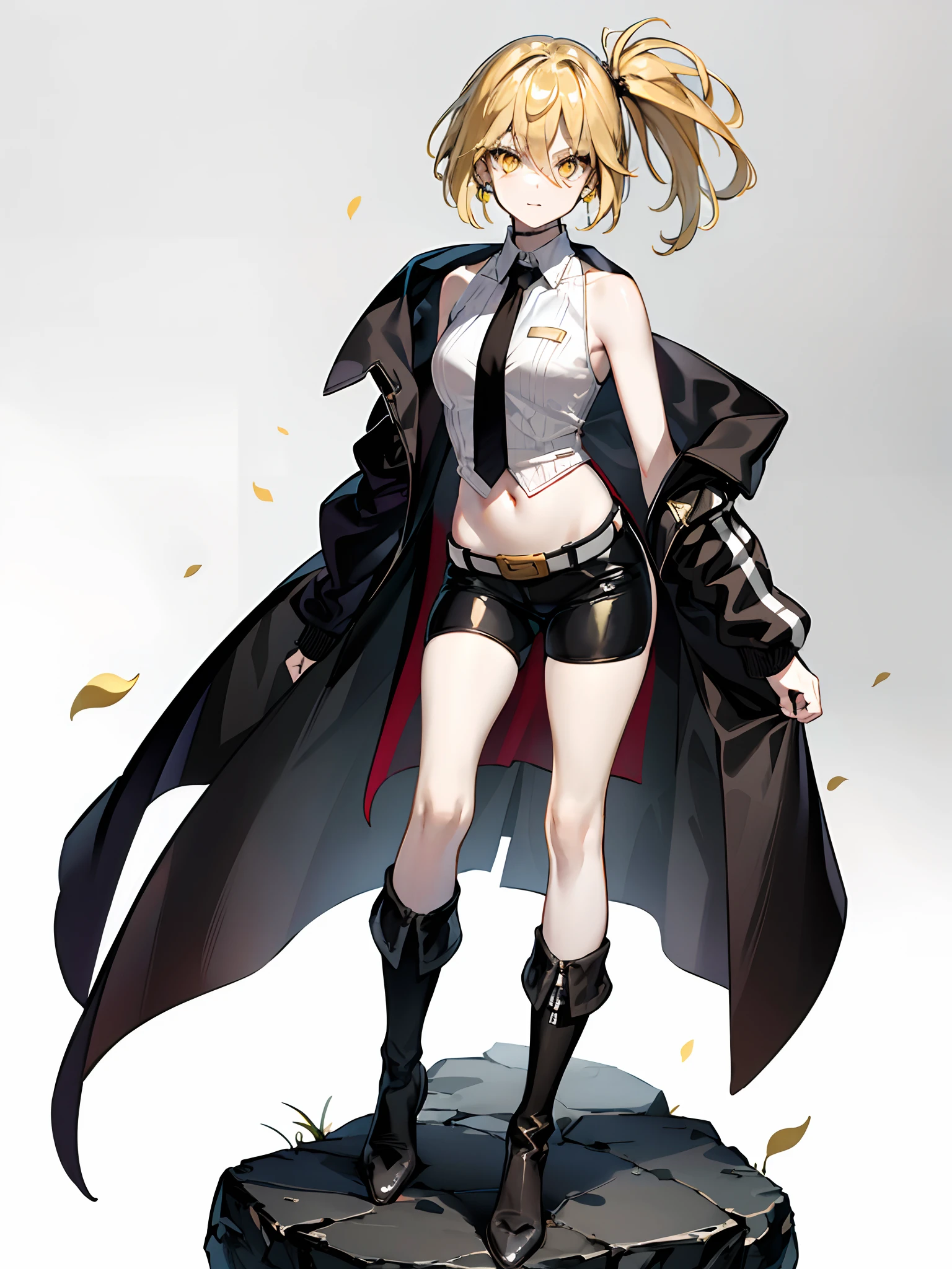 thigh-up portrait, (best quality, detailed drawn hands, realistic fingers, fixed hands), (masterpiece, sidelighting, finely detailed yellow eyes: 1.2), ((Best quality)), ((masterpiece)), (highly detailed:1.3) masterpiece, best quality, highres, 1girl, golden blonde hair, side ponytail, messy hair, short hair, golden eyes, glowing eyes, earrings, smug face, long coat, knee-high boots, low heels, shorts, sleeveless shirt, visible stomach, standing on rock, gray background,