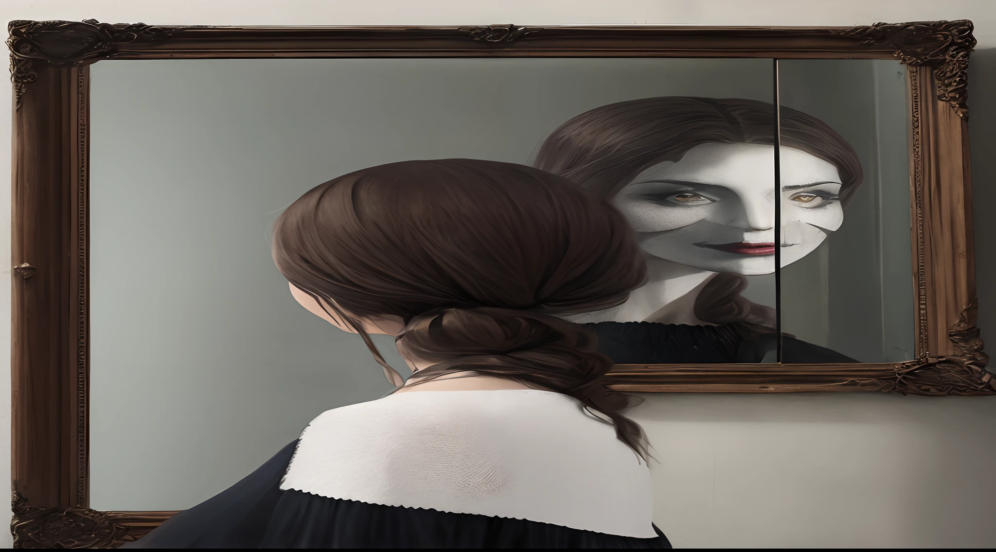 Uma mulher olhando para seu reflexo assustador no espelho, espelho elaboradamente emoldurado, sombras se contorcendo no fundo, Realistic image