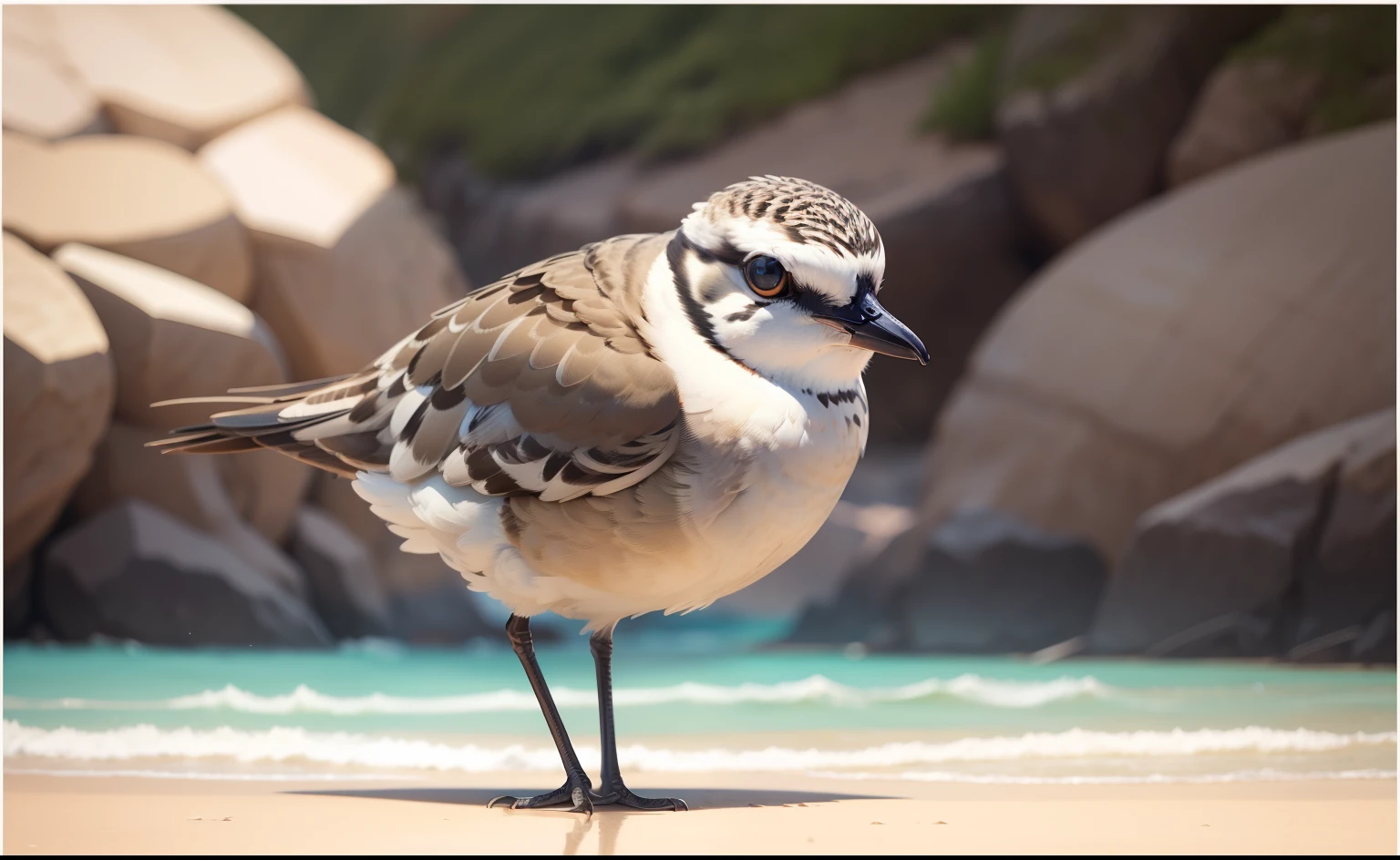 I would like to turn this bird into an incredibly charming and cute plover, carregando uma mochila, Feliz, desfrutando de um lindo passeio na praia com paisagens naturais. The illustration is in high definition in 4k resolution, with highly detailed facial features and cartoon-style visuals.