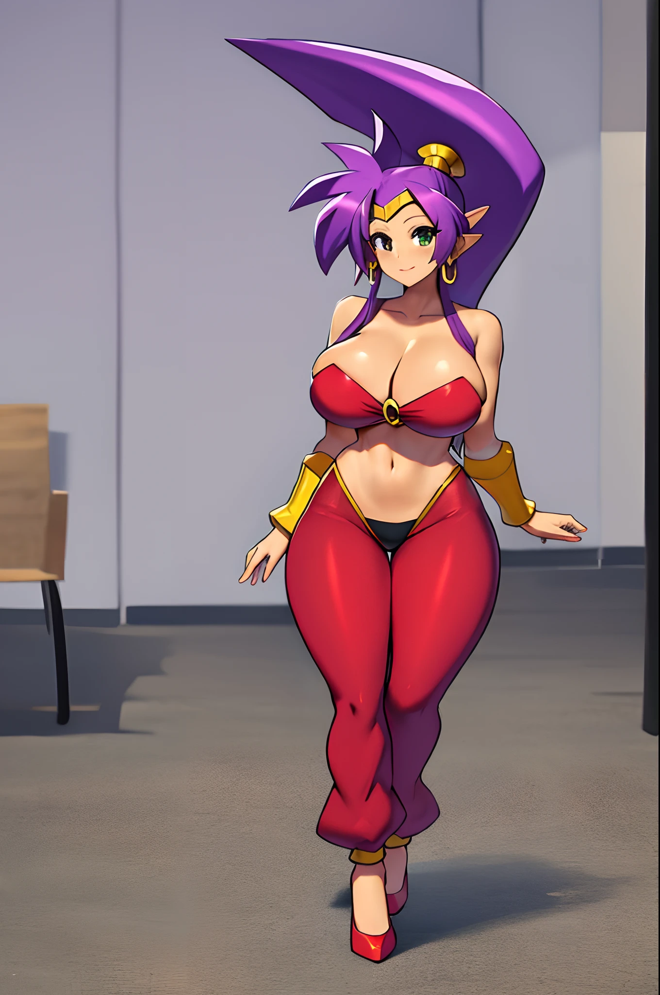 shantae, wide hips, huge breasts, high ponytail,pants, walking