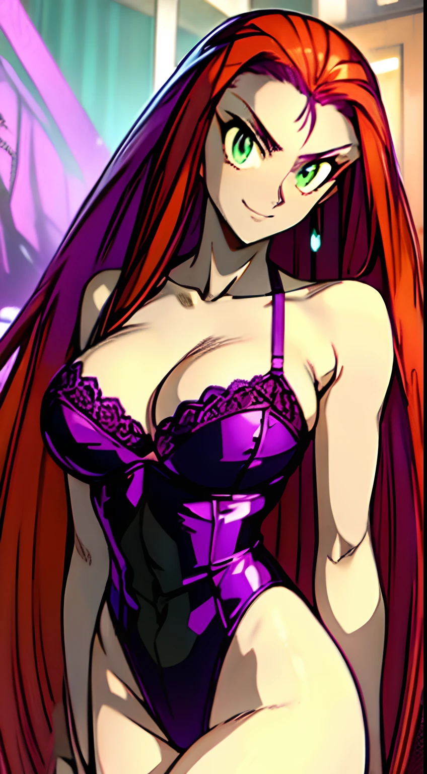 ((masterpiece)), ((best quality)), ultra detailed, detailed background, orange hair, Long Hair , green eyes, thin eyes, extreme large breast, long hair,, highest details, sexy, focus, Alluring, long legs, ((breasts shot)), (((wearing Purple lingerie ))), hentai style, sensual smile, erotic, erotic body, sexually suggestive, hentai body, sensual pose, naughty face, aroused body, on a beach