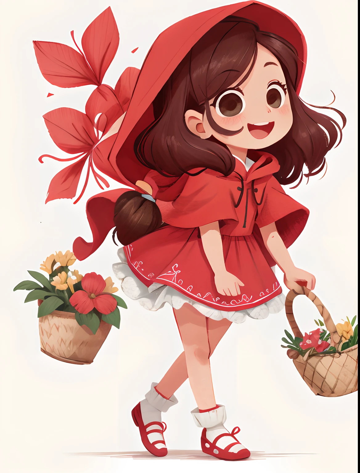 Draw a cartoon girl with a basket and a red hooded cape standing in delicate shoe, cabelo solto longo escuro encaracolado, cabelo cumprido encaracolado,vestindo vestido  delicado rodado com avental branco estilo camponesa, chapeuzinho vermelho, chapeuzinho vermelho, caixa, Chapeuzinho vermelho fofa, Directed by: Veronica Ruiz de Velasco, by Almeida Júnior, garota, inspirado em Claire Hummel, mulher bonito, Directed by: Emma Rios, menina bonita sorridente, Directed by: Márta Lacza,  desenho infantil chapeuzinho vermelho  estilo 2d, arte fofa em 2d, desenho cutie fundo branco com boque e flores amarelas e vermelhas ao fundo