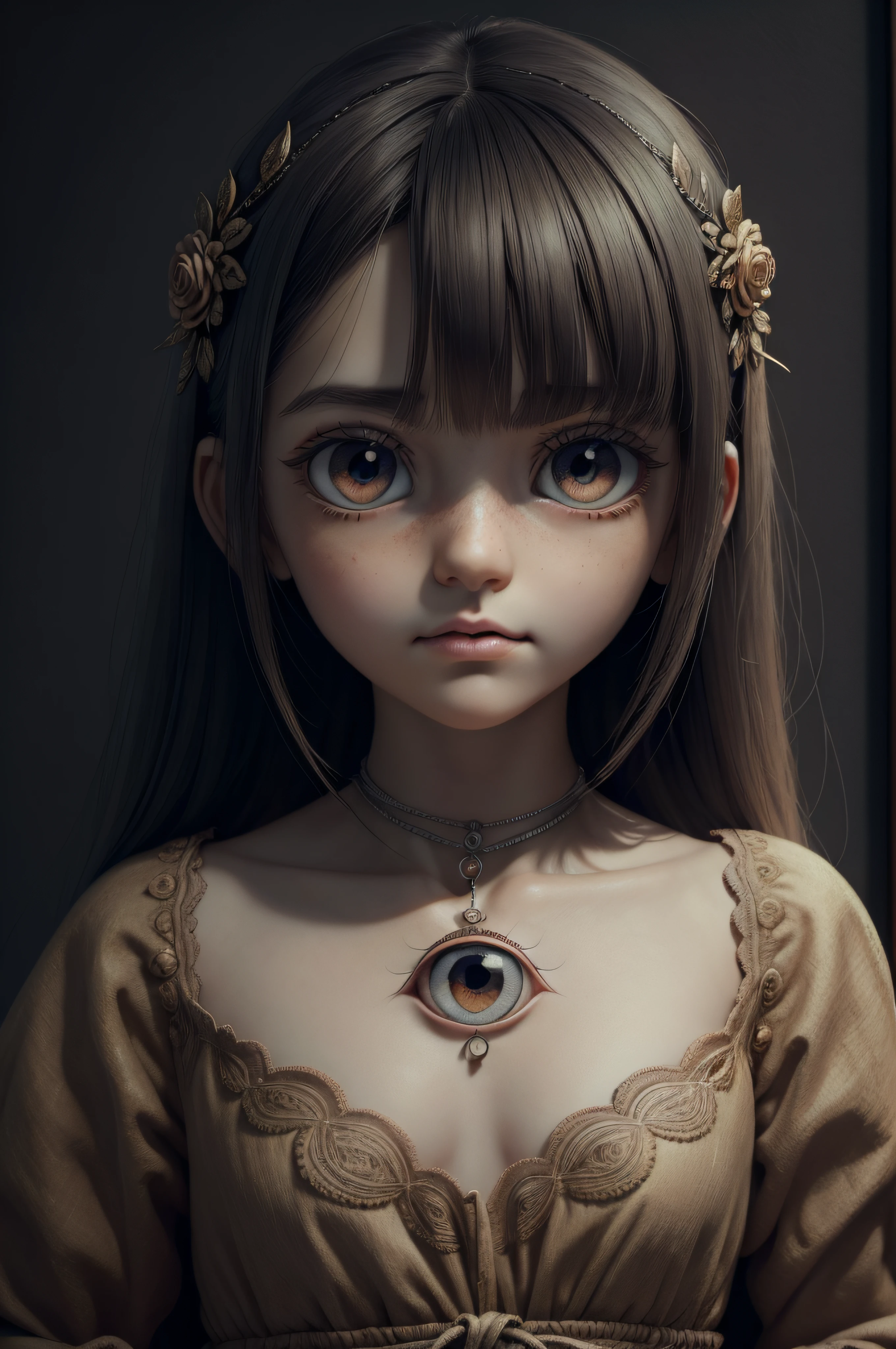 ((retrato: 1girl))estilo pixar, Somber, Negativo, torcido, weird, (Super-detailed large doll eyes), (((desnuda))), (pintura, Obra maestra, alta calidad), plus a sad girl, and delicate details that accentuate its beauty, Pinceladas fuertes, colores suaves, Soft lighting, Fondo borroso y bokeh suave.'Texturas 8K, Detalle extremo, Textura de piel altamente detallada, illustration, dibujos animados, anime! epic details, Alta nitidez