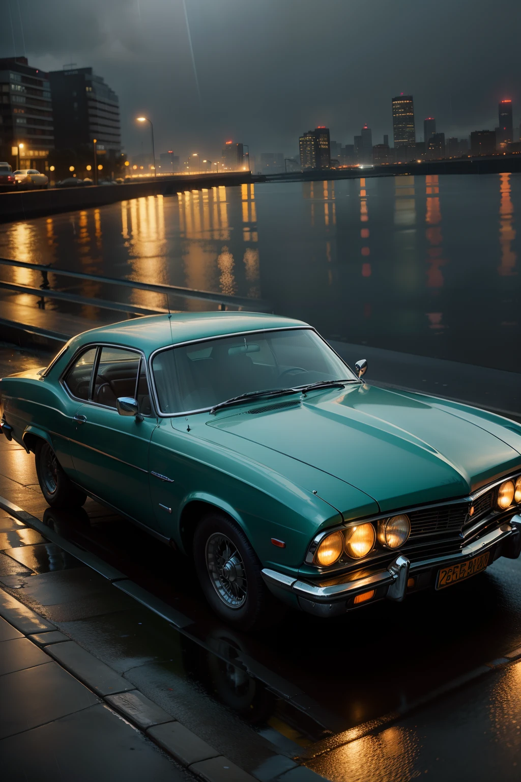 classic car in a night light up city lights glowing in the rain
