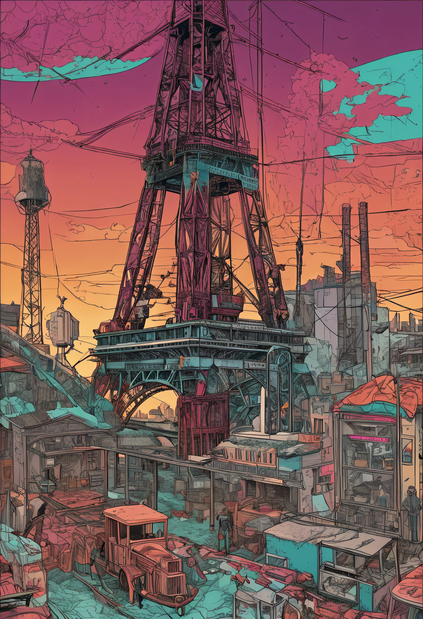 fantasy00d, (art by John French Sloan:0.7), (art by Frank Cho:0.7), (art by Charles Ginner:0.8), Color splash, ground level shot of a Shabby Welding machine, inside a 1920'S Eiffel Tower, Stars in the sky, FOV 90 degrees, Anime screencap, Surprising, waning light,