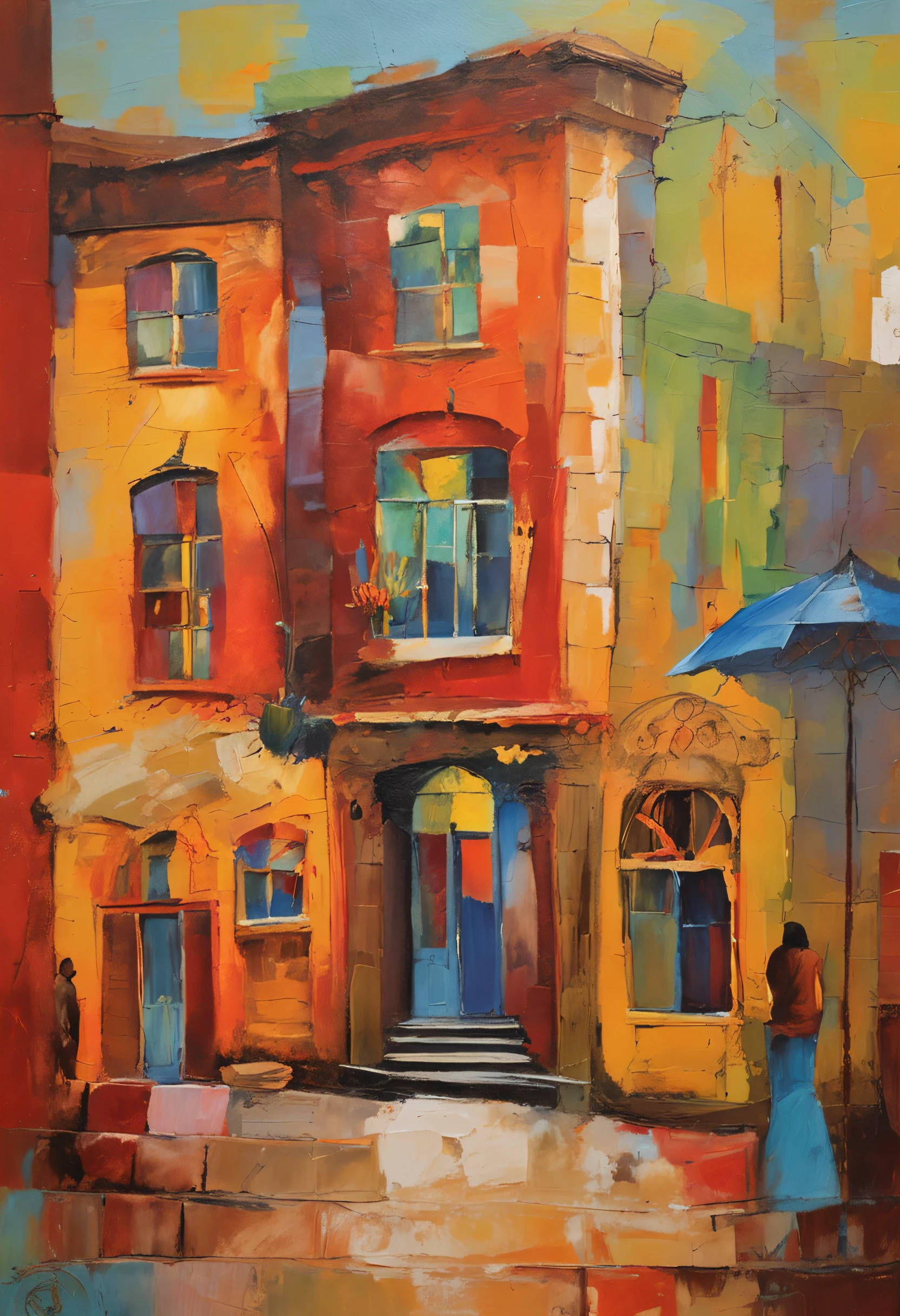 Charming cobblestone streets,Lined with quirky shops and cafes, Each building façade is painted with whimsical and vibrant murals,Scenes depicting local folklore and culture, Joy and artistic energy radiate from every corner, Mixed media collage, Photography combined with digital painting