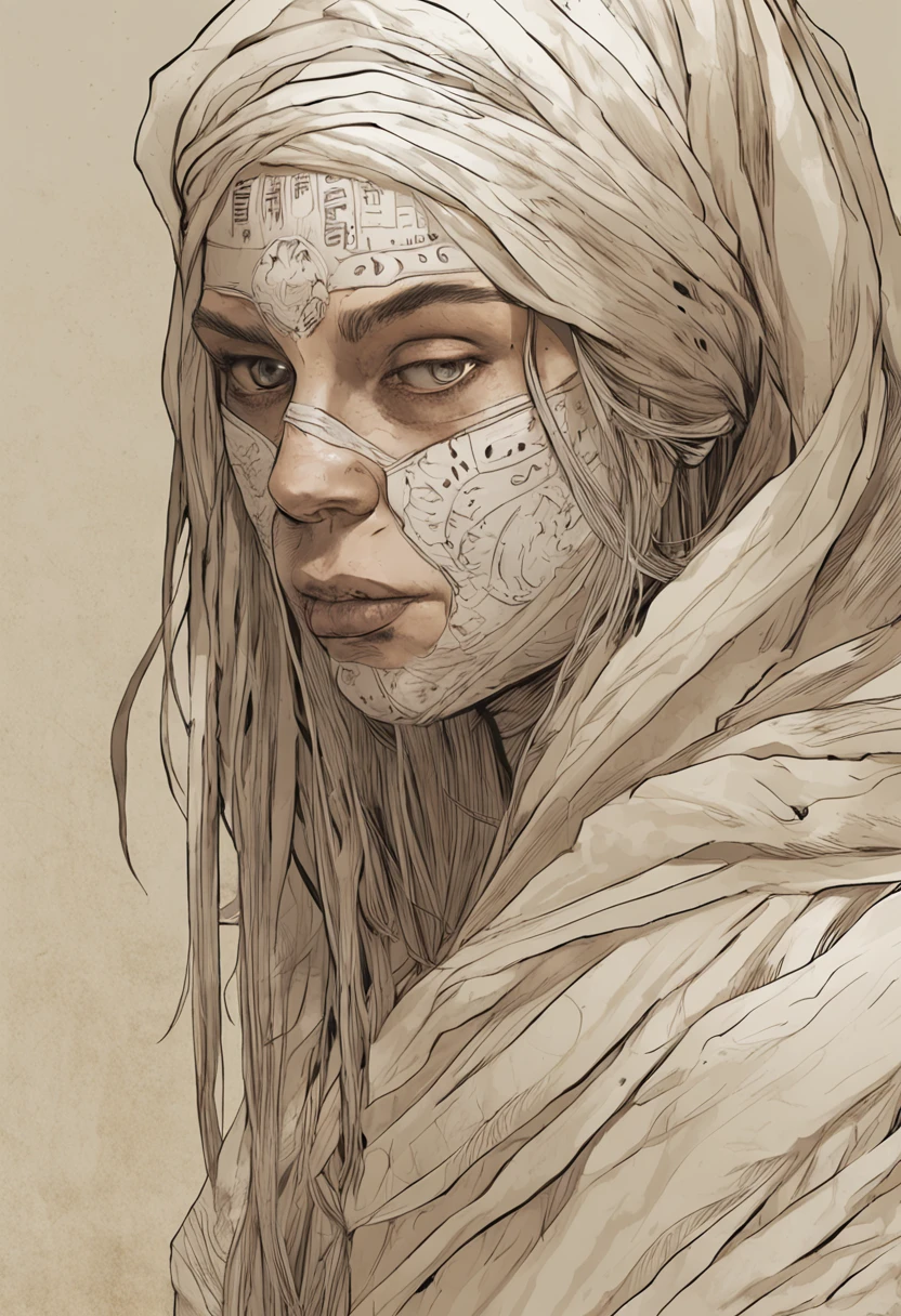 (flat color:1.4),1girl, solo focus, mummy, mummy custom, her hair in wrapped and concealed under bandages, only a few loose strands or wisps peeking out, pale hair, ashen hair color, air of mystery, glowing eyes, ethereal eyes, yellow eyes, eerie yellow, almond eyes, elongated eyes, thin eyebrows, wispy eyebrows, covered lips under bandages, adorned in tattered, beige-colored bandages that wrap around her body,Portray the mummy girl in a graceful and slightly haunting pose, ancient tomb, crumbling walls, hieroglyphs, muted tones, earthy tones, shades of brown, beige, and faded gold, soft lighting, diffused lighting, gentle shadows on the bandages, glowing symbols emanating from the mummy girl's body,