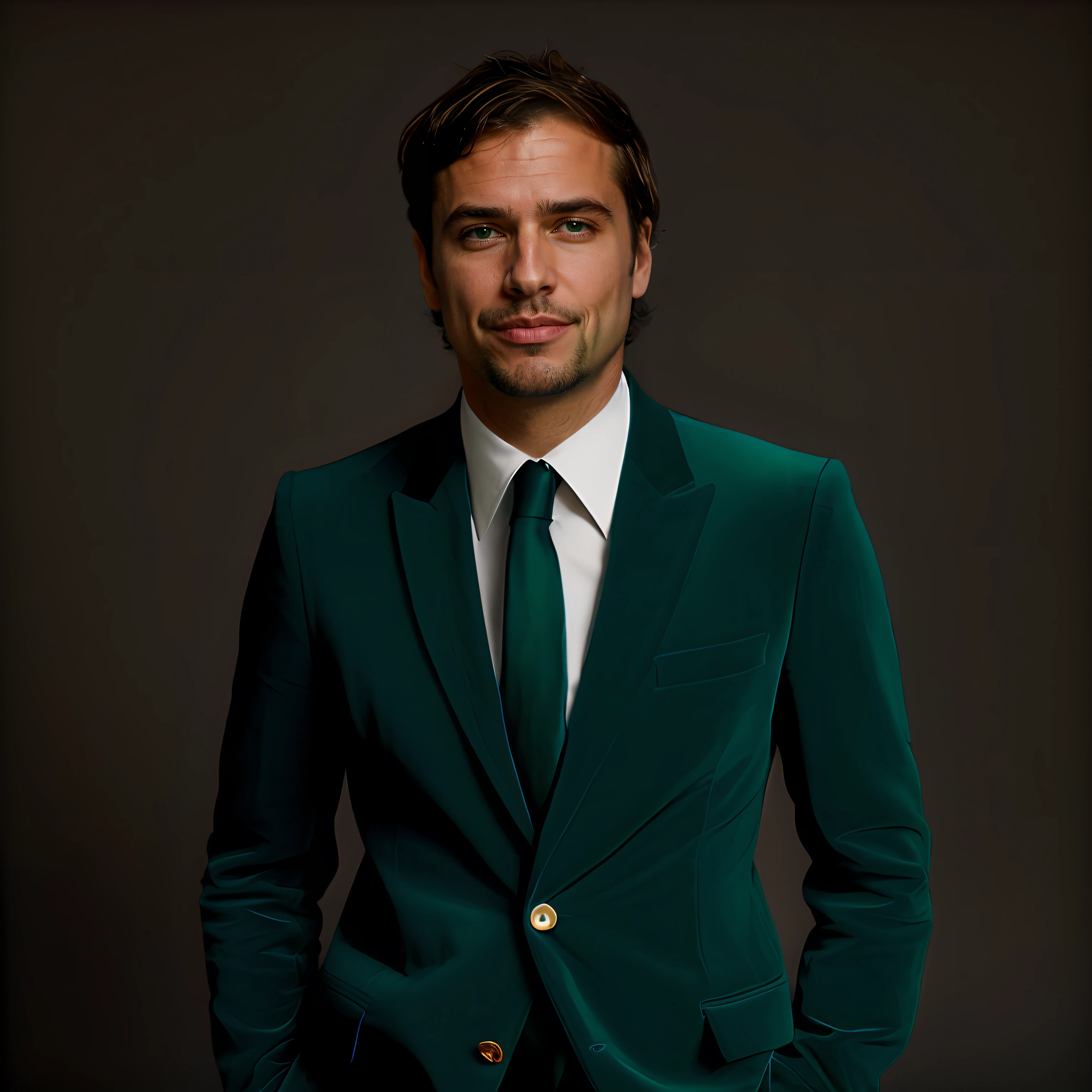 Portrait d'un bel homme de 40 ans, costume velours vert, chemise ????, sans barbre sans cravate. On an emerald background