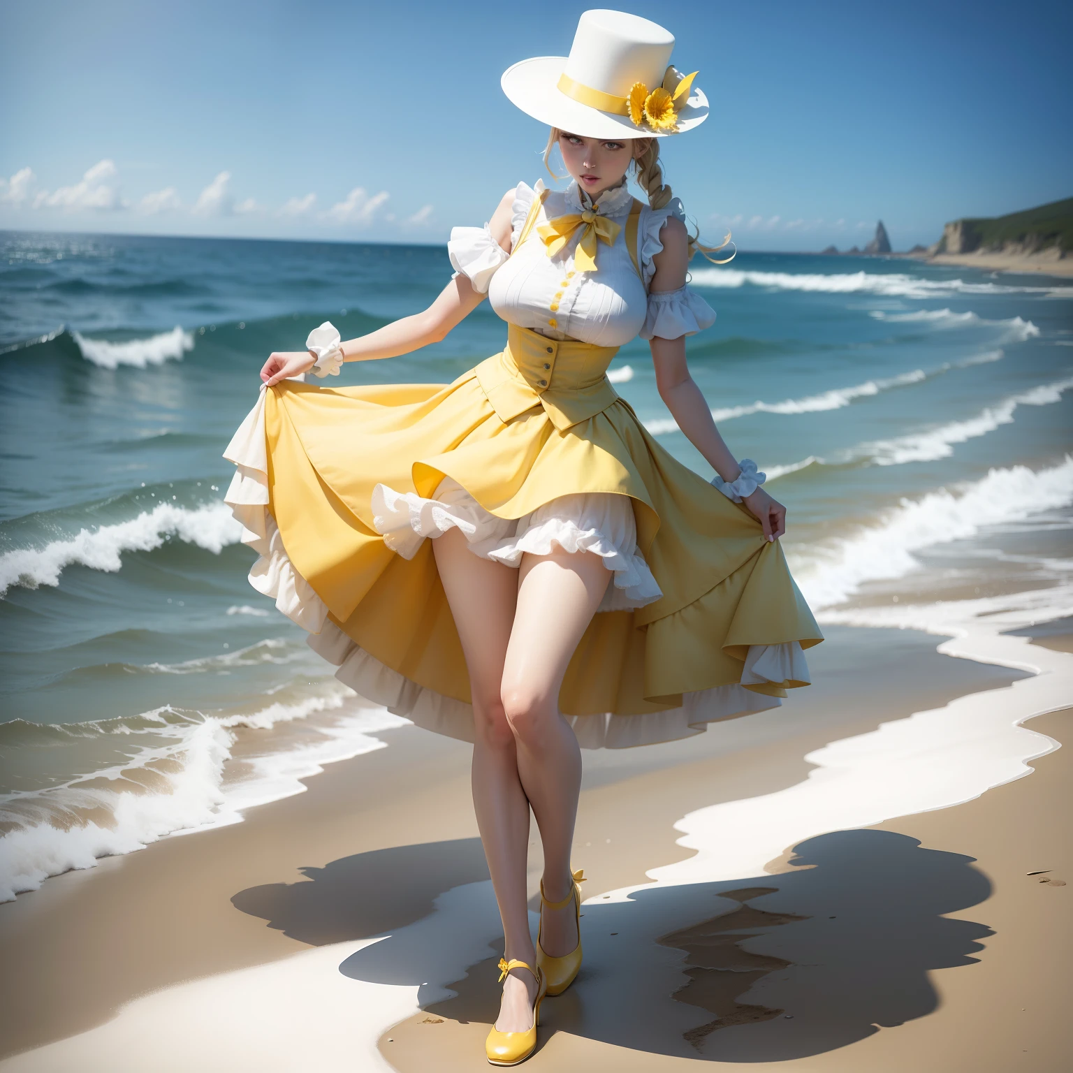 Realisticstyle,mideum breasts,Yellow people,Yellow skirt,White slippers,Have by the sea,White top hat,Perfect figure