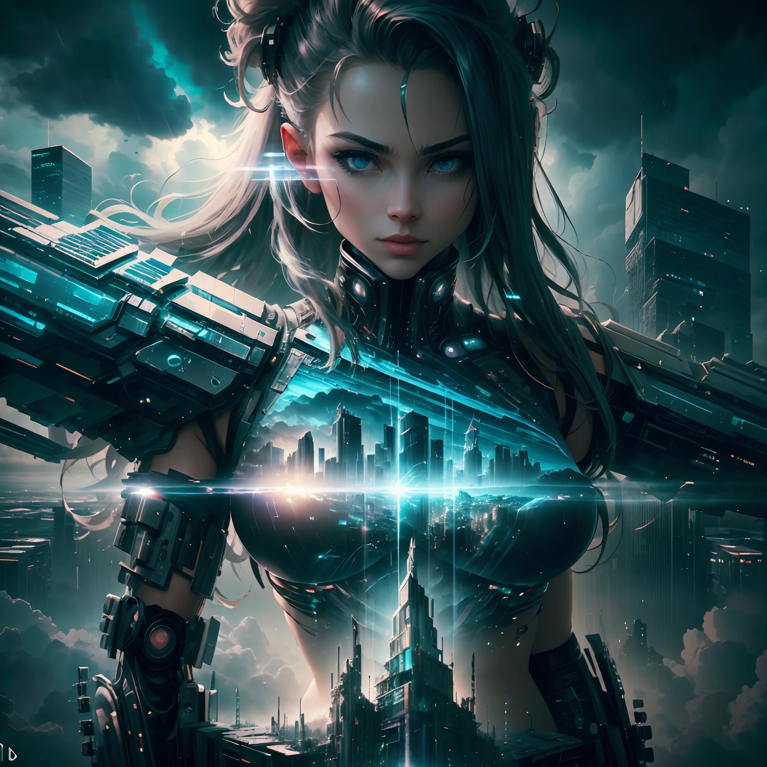 cyberpunked [Vague cityscapes in the distance: very beautiful girl, city: 0.33] Caught in the giant wind, Live in the clouds of thunder.., Behind the Clouds, (Double exposure: 1.3), Photo by Brandon Woelfelmist, Surreal dreams, Gray atmosphere, rainy day, dynamic, lute, HDR