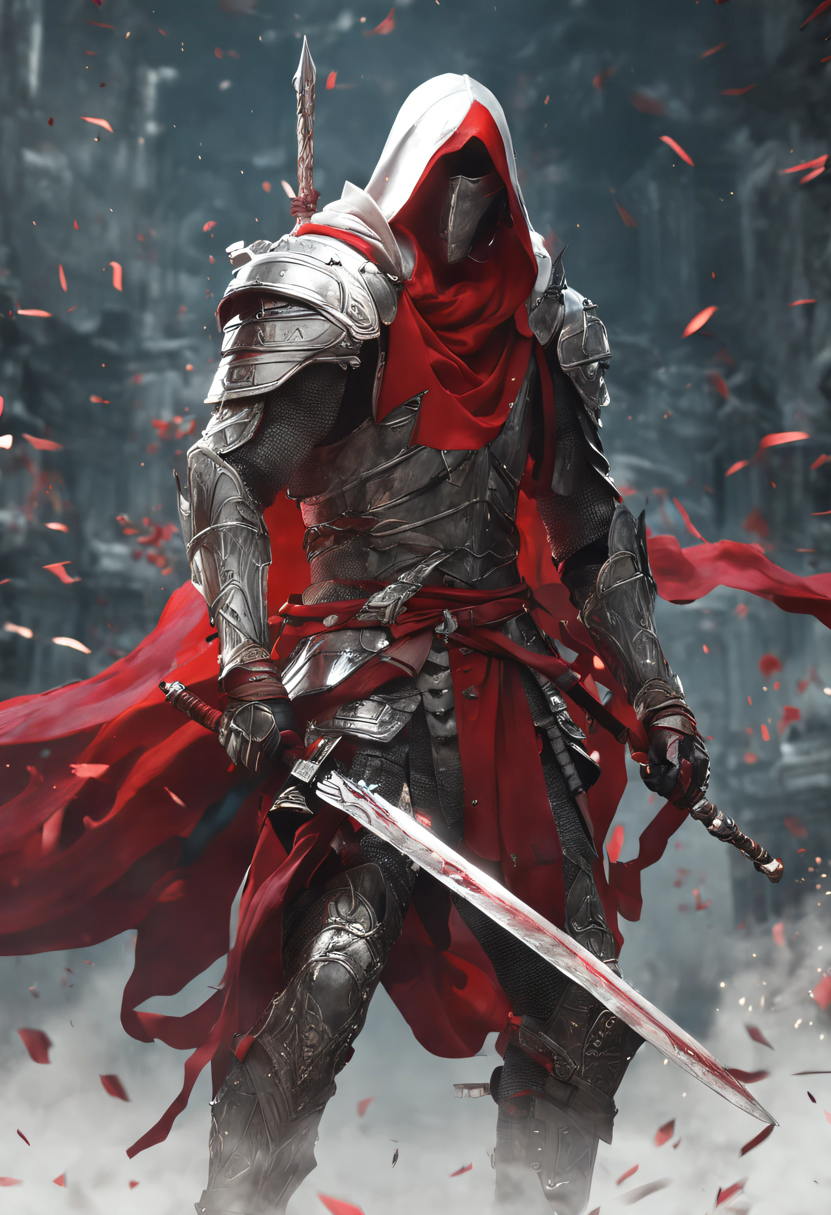 One Male albino knight with long hair, wearing heavy armor with a red hood carrying a long swords