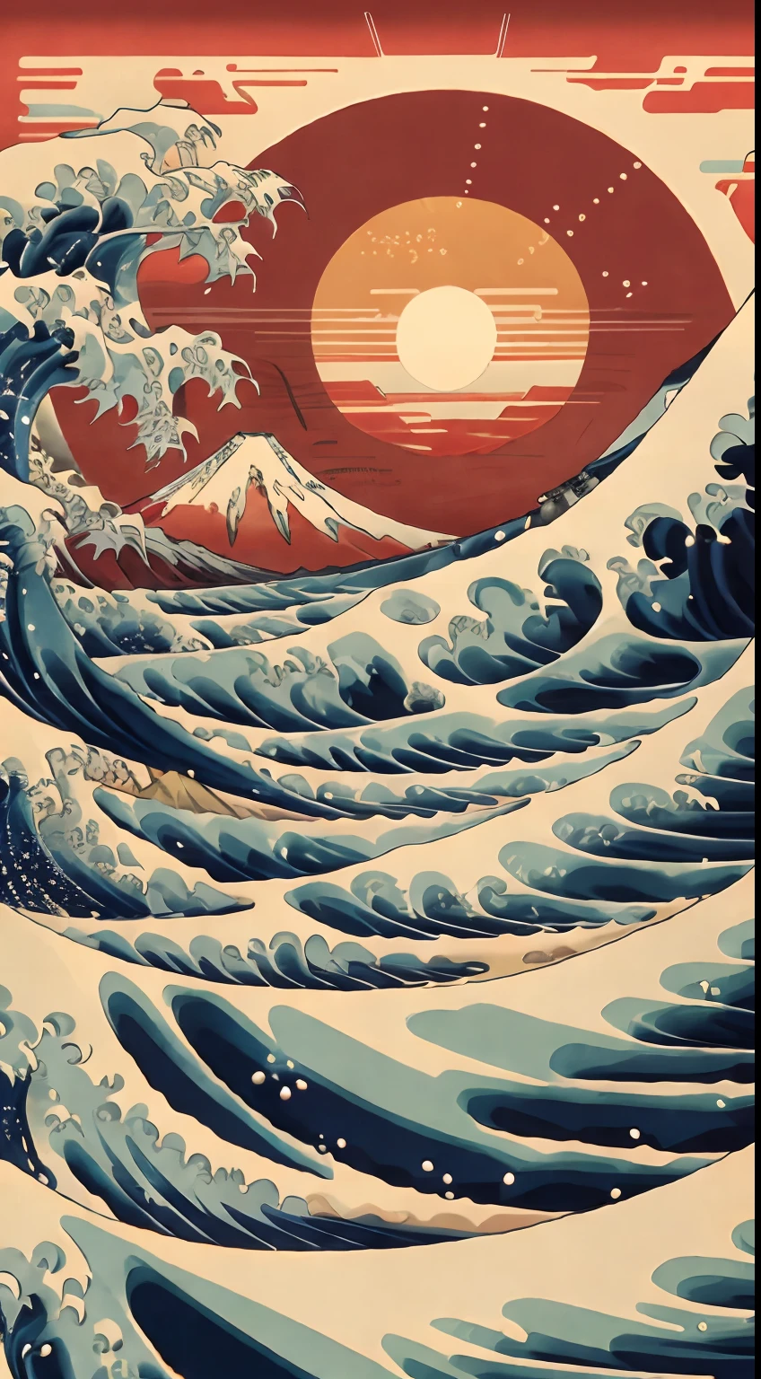 Great Wave Red Sun,Colorful,Mt fuji