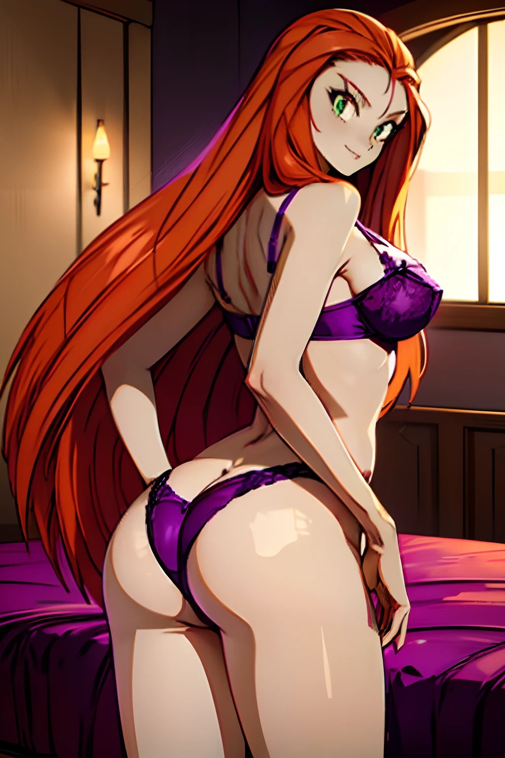 ((masterpiece)), ((best quality)), ultra detailed, detailed background, orange hair, Long Hair , green eyes, thin eyes, long hair,, highest details, sexy, focus, Alluring, long legs, ((breasts shot)), (((wearing tiny purple lingerie))), hentai style, sensual smile, erotic, erotic body, sexually suggestive, hentai body, sensual pose, naughty face, aroused body, on an bed, (view from behind) , cute ass, bending over, (cute little ass)