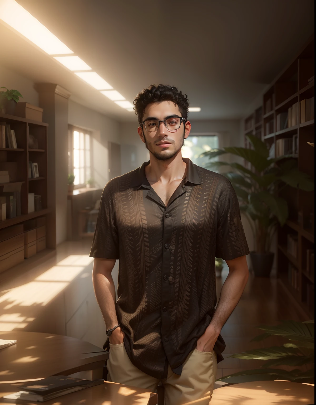 25-year-old guy with black thick curly hair,
brown eyes, seated at a desk, looking at
the camera, 8k, friendly 3d animated style,
bookshelf and a plant in the background, war
cinematic lightning