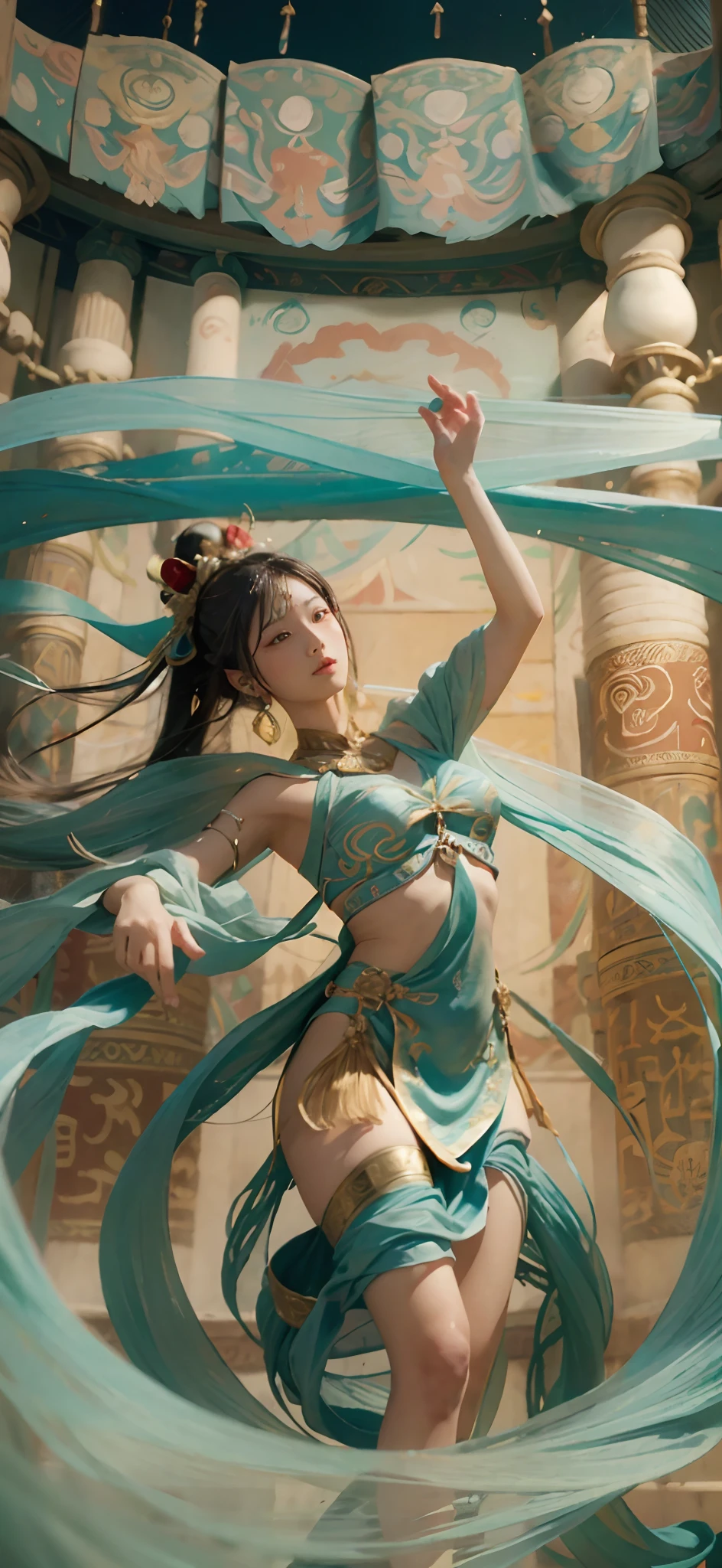 one-girl,Surrounded by fluttering ribbons,clean backdrop,In the background is the brushstrokes of Dunhuang,dramatic lights,Dunhuang style,ultra-realistic realism,ultra-realistic realism,suprerralistic,classicism,hyper HD,retinas,tmasterpiece,ccurate,textureskin,anatomy correct,super detailing,high detal,high qulity,1080p,A high resolution,best qualtiy,Award-Awarded,16k,8K,4K,k hd