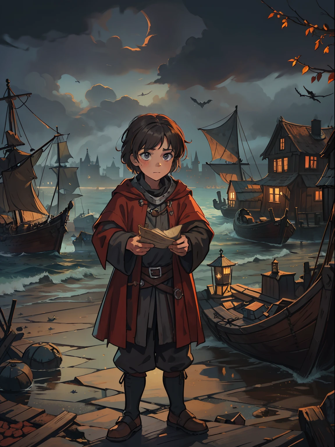 a poor and dirty child holding a scroll in a port of vessels with several pirate ships port and lighthouse of a medieval city with several wooden houses on the coast a gloomy desert environment with dark dark reddish colors a continent suffering from a plague, Dark grey sky with dark black clouds low lighting many shadows A gloomy environment of terror and dark autumn trees A dark and dark environment like medieval Gotham An RPG setting A city on the coast with a harbor full of pirate ships An illustration for medieval RPG Medieval art RPG art A medieval town full of wooden houses medieval village Wooden houses and the sea on the horizon
